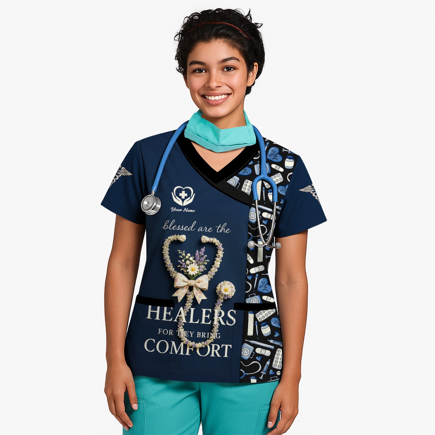 Personalized Blessed Healer Scrubs for Women RN CNA LPN - Floral Heart Stethoscope Design with Inspirational Quote - Custom Name Gift for Healthcare Workers & Nurses