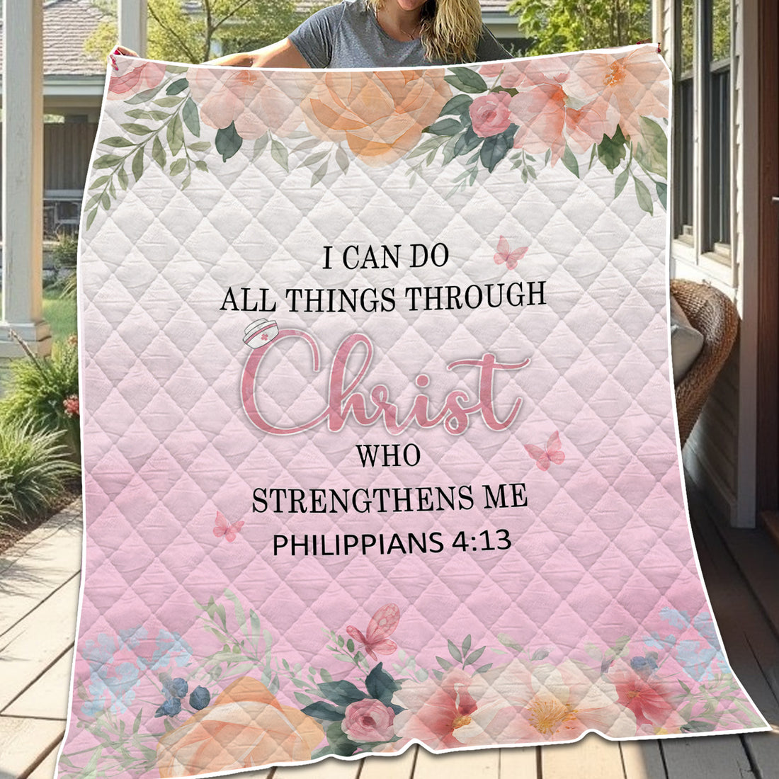 Faith-Based Nurse Blanket - All Things Through Christ Bible Verse - Gift for RN LPN CNA Healthcare Staff