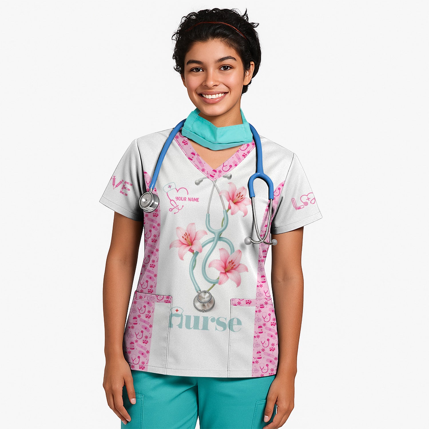 Personalized Nurse Scrubs - Pink Floral Stethoscope Design with Name Customization - Gift for RN, CNA, LPN
