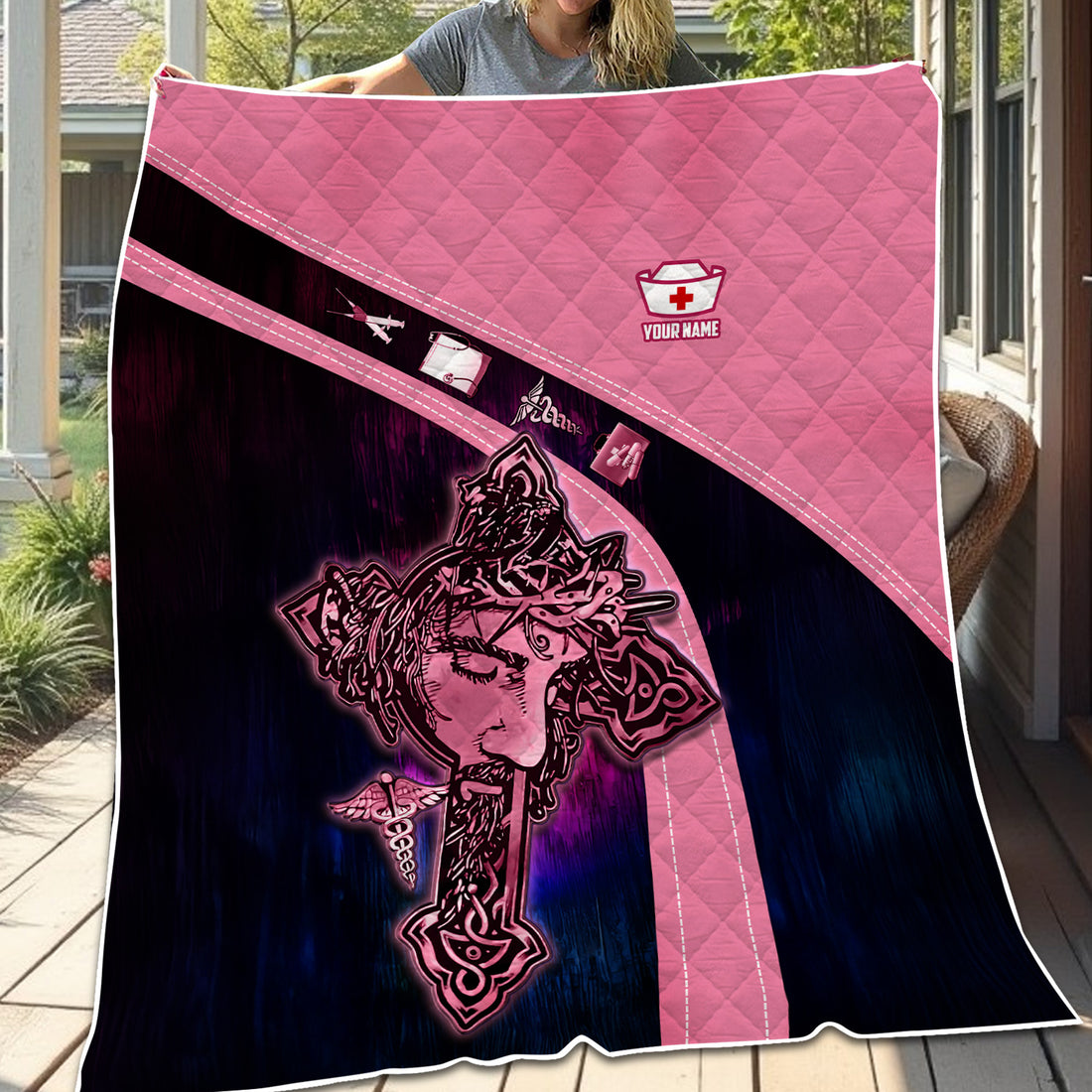 Personalized Christian Nurse Blanket - Jesus on the Cross Faith Graphic Design - Gift for RN LPN Healthcare Workers