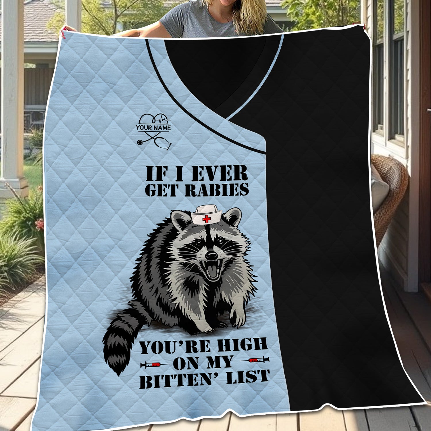 Custom Funny Raccoon Nurse Blanket  - You're High on My Bitten List - Gift for Women RN LPN & Healthcare Workers