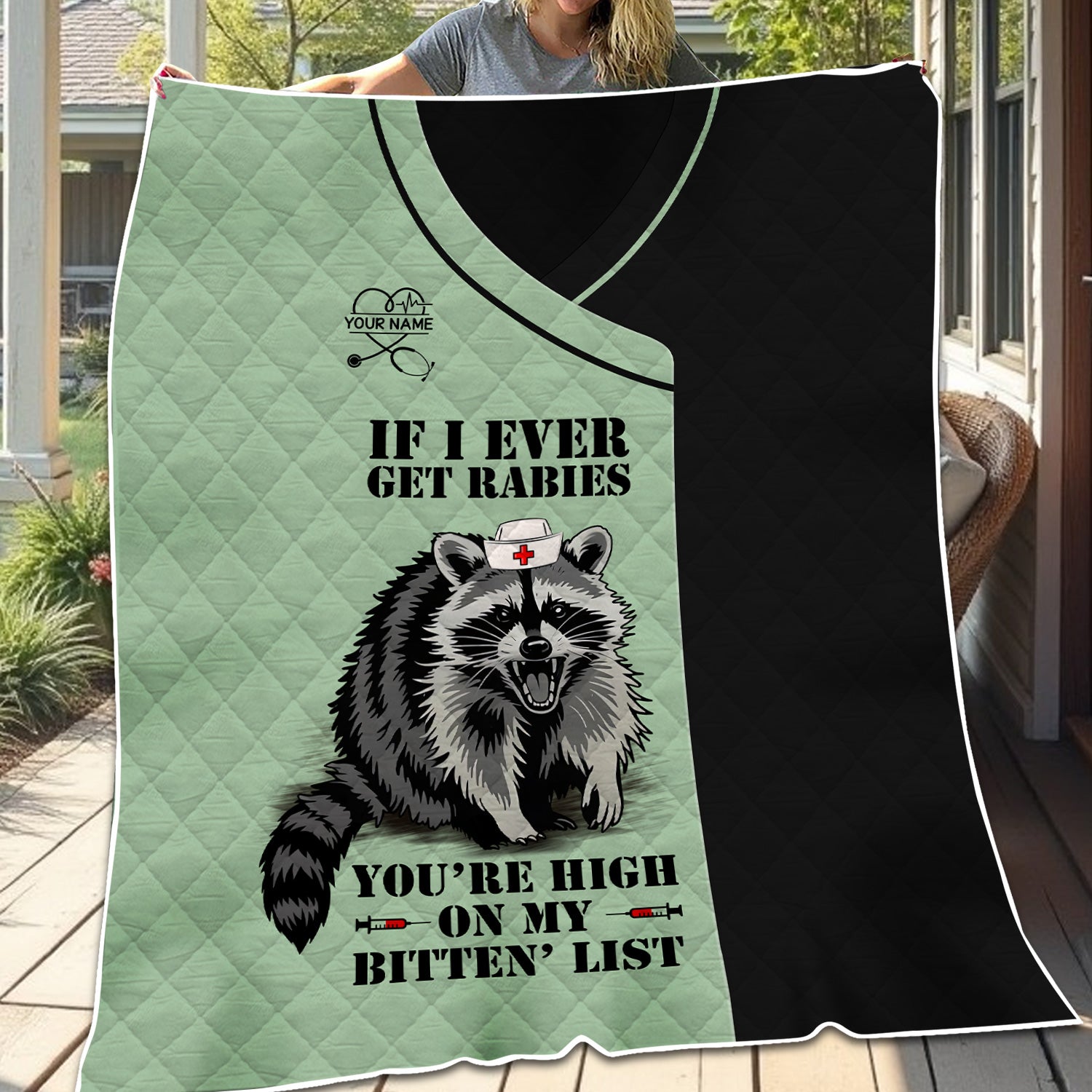 Custom Funny Raccoon Nurse Blanket  - You're High on My Bitten List - Gift for Women RN LPN & Healthcare Workers