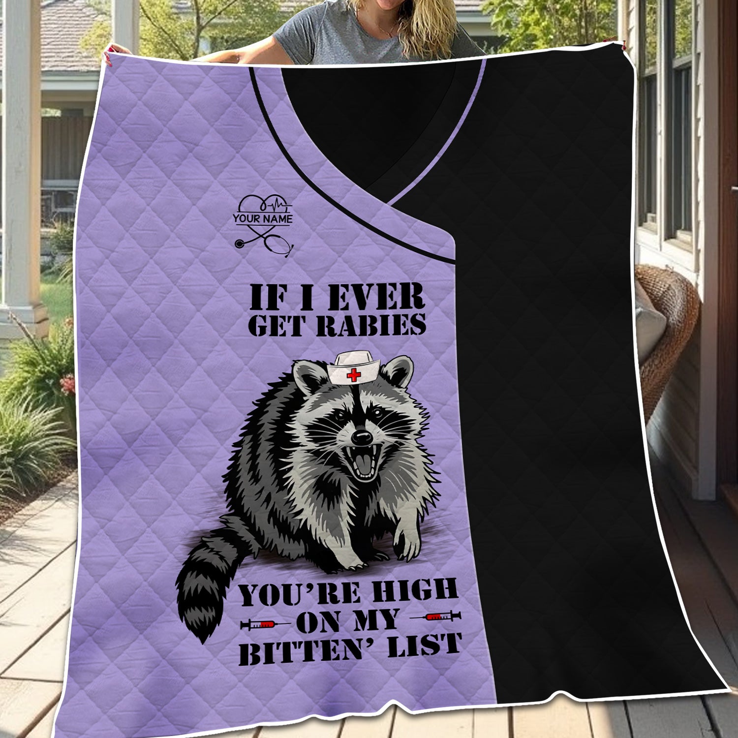 Custom Funny Raccoon Nurse Blanket  - You're High on My Bitten List - Gift for Women RN LPN & Healthcare Workers