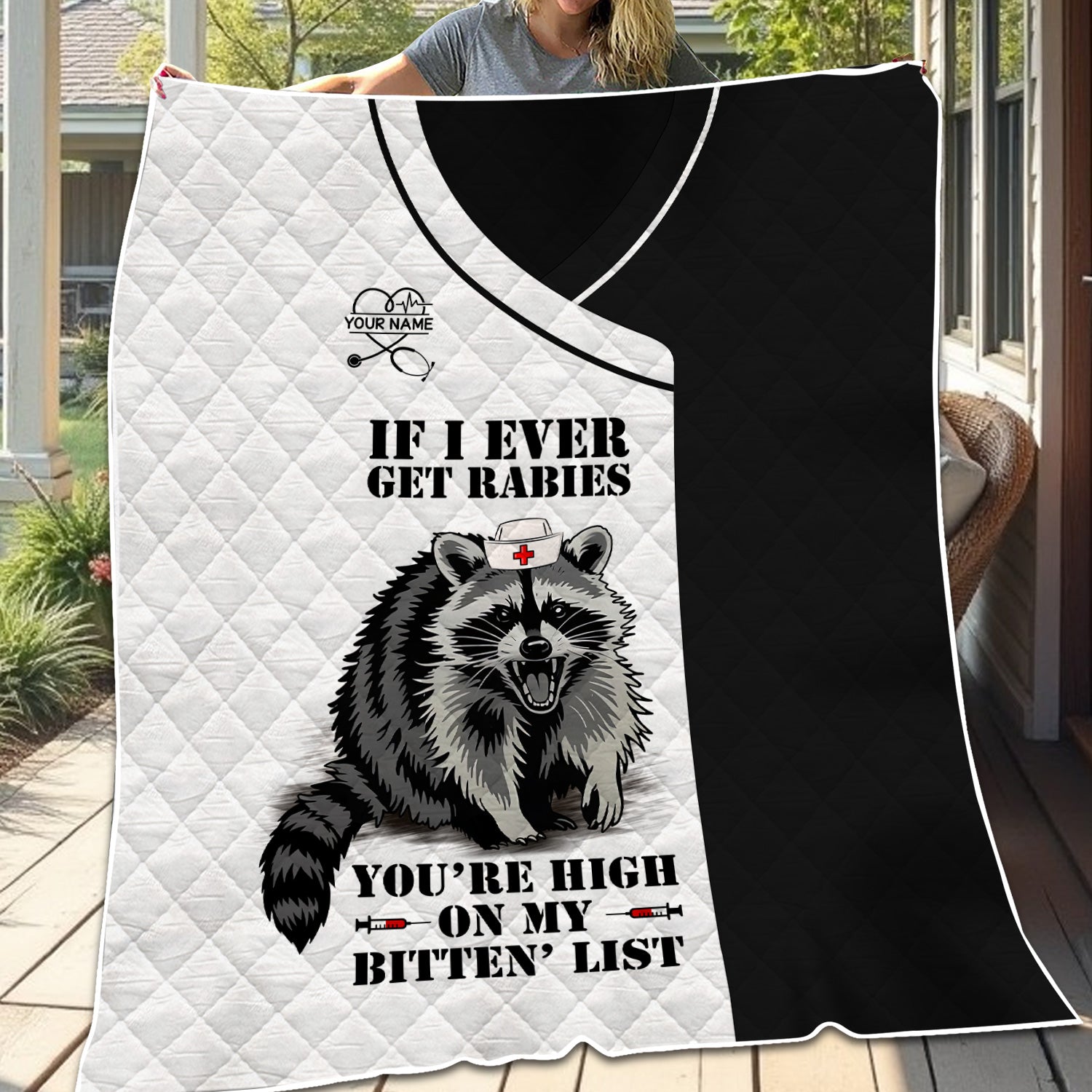 Custom Funny Raccoon Nurse Blanket  - You're High on My Bitten List - Gift for Women RN LPN & Healthcare Workers