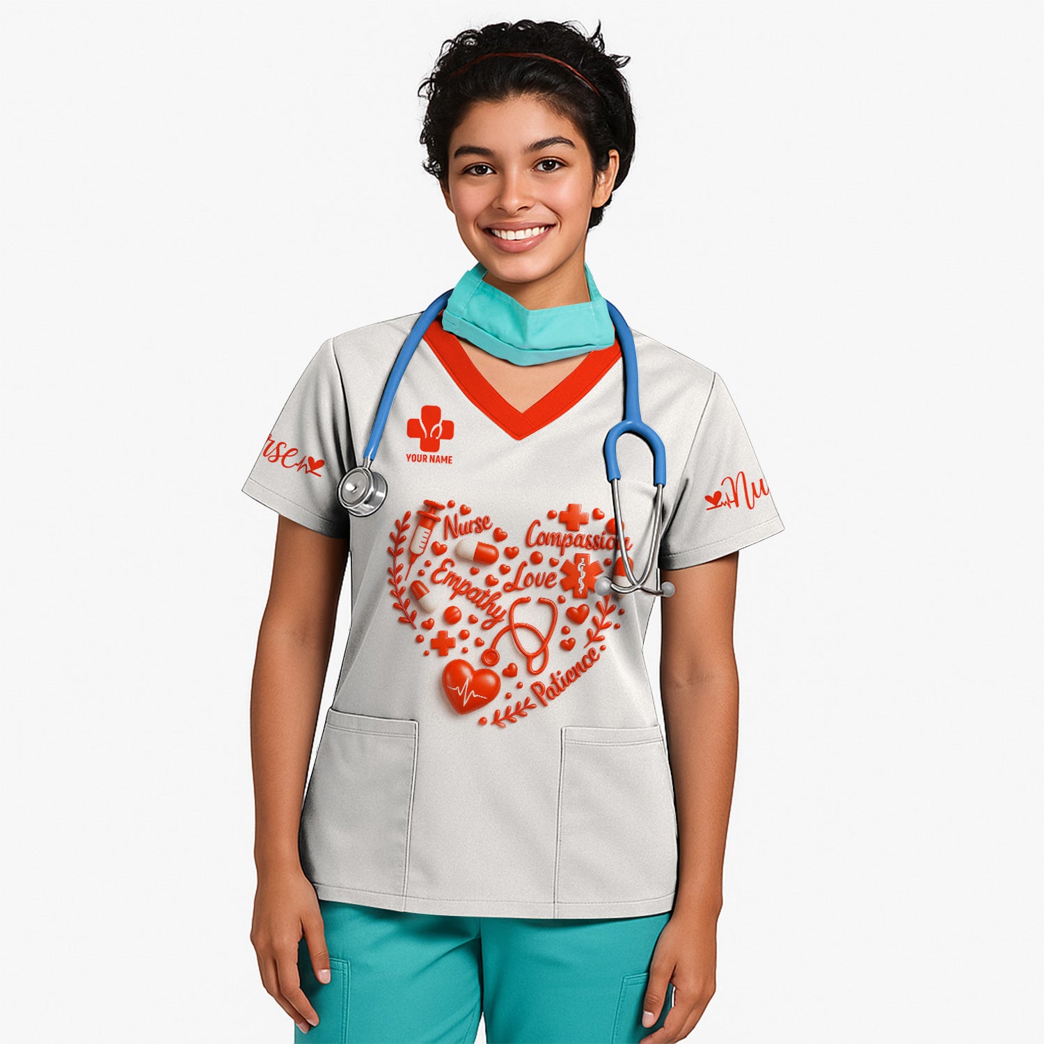Heart Word Art Nurse Scrub Top - Compassion Empathy Love Design - Gift for RN CNA LPN Women in Healthcare