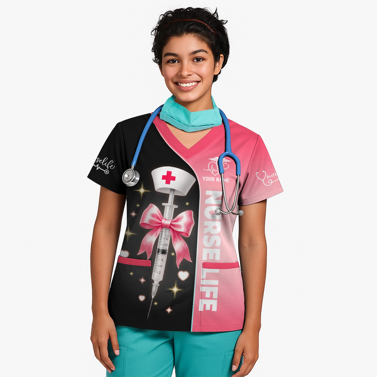 Personalized Nurse Life Scrubs for Women RN LPN CNA - Cute Pink and Black Syringe Bow Design - Funny Medical Quote Gift for Healthcare Workers in Nursing Field