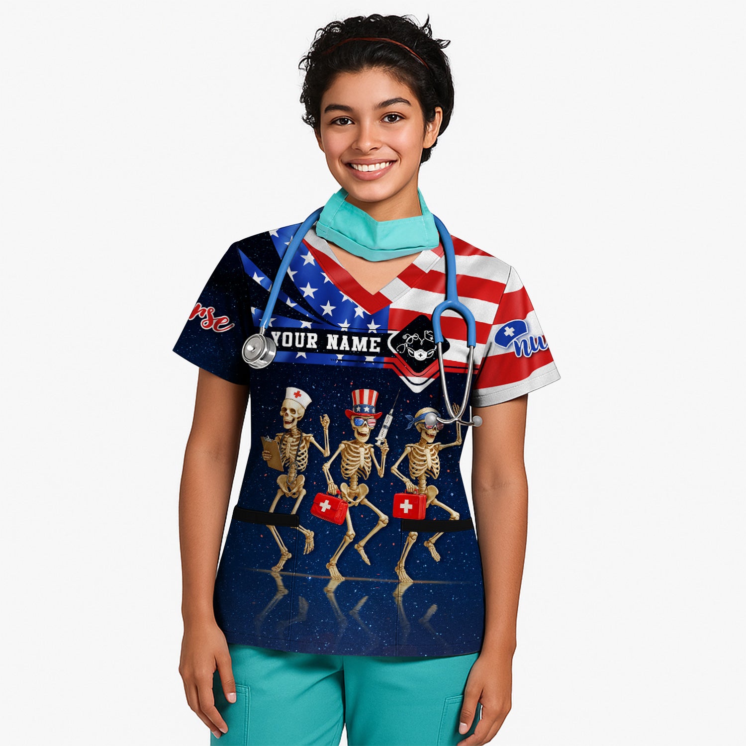 Personalized 4th of July Nurse Scrub Top - Funny Skeleton Scrubs for Women RN CNA LPN - Custom Name Medical Uniform Gift for Healthcare Workers USA Pride