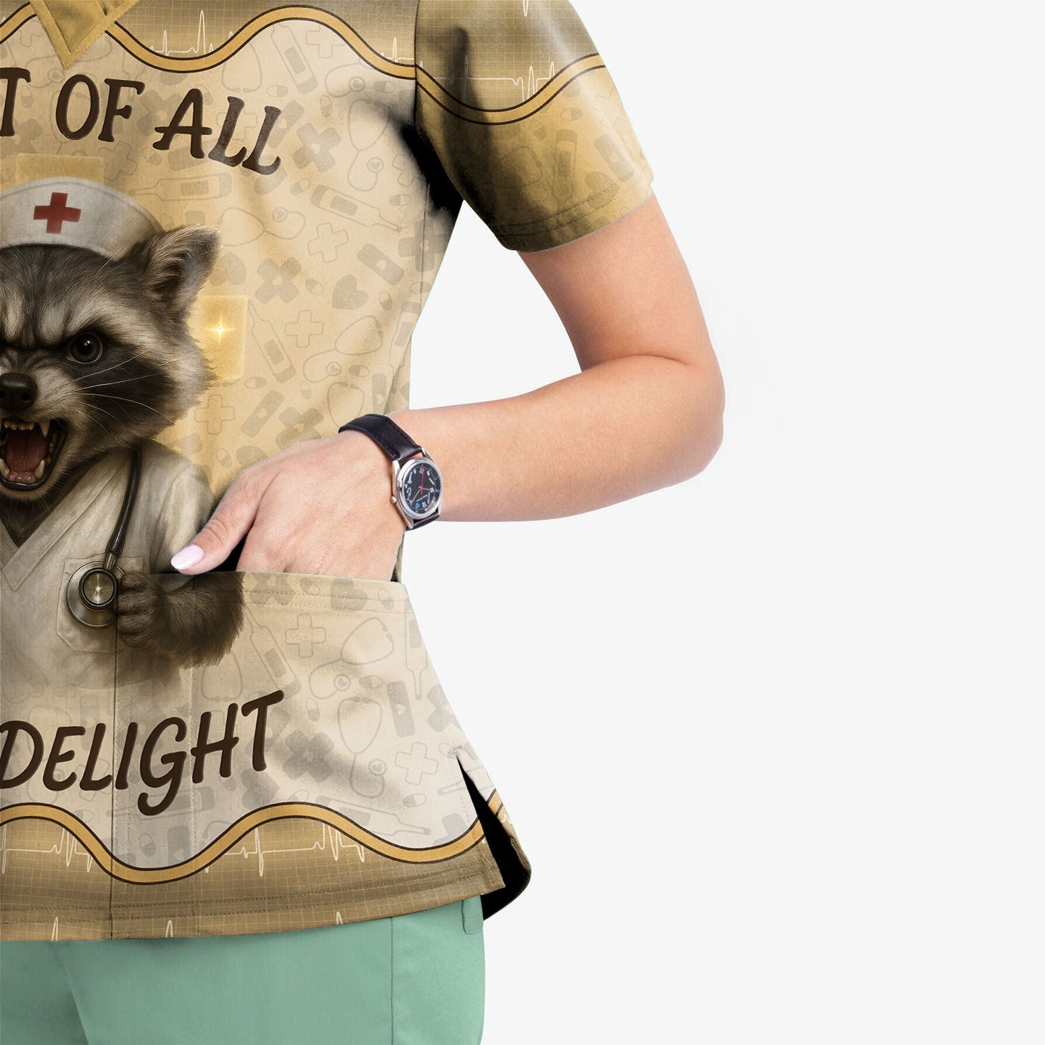 Funny Nurse Shirt with Raccoon - First Of All I'm A Delight - Personalized with Name - Cute Gift for RN CNA LPN Women in Healthcare