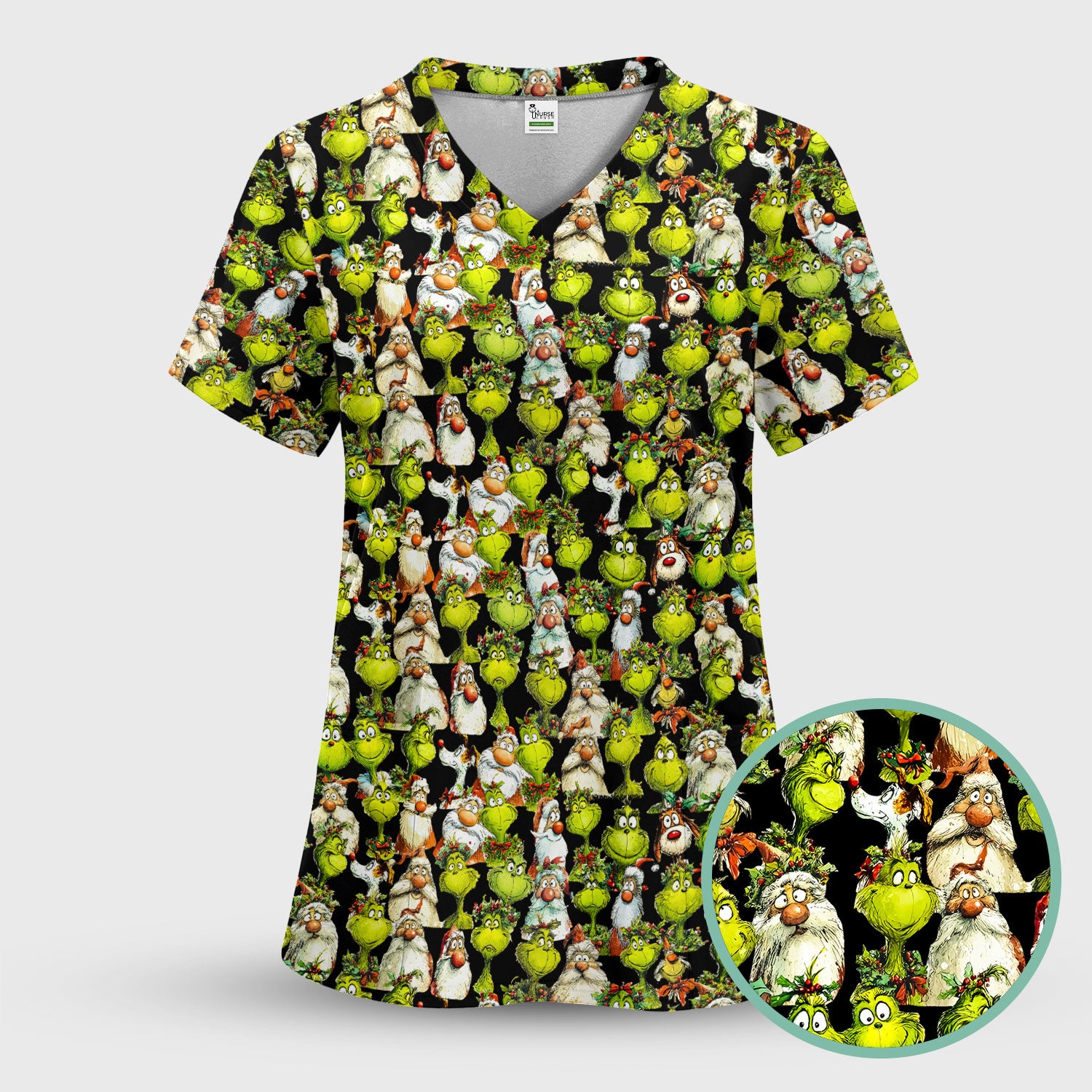 Funny Grinch Nurse Scrub Top Multi Color - Cartoon Characters Scrub Shirt - Cute Christmas Nursing Workwear with Pockets