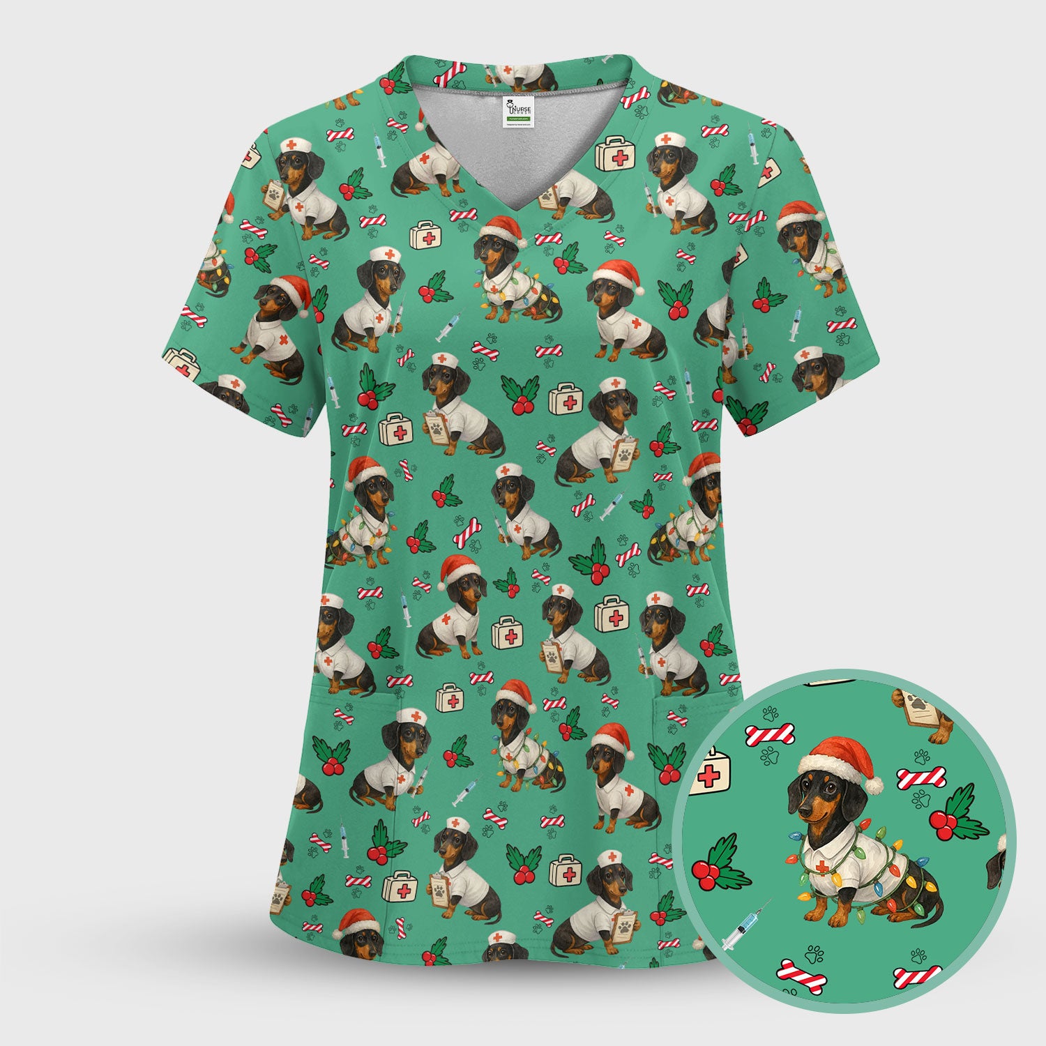 Dachshund Nurse Christmas Scrub Shirt - Cute Sausage Dog Scrub Top Multi Colors - Funny Holiday Nursing Workwear with Pockets