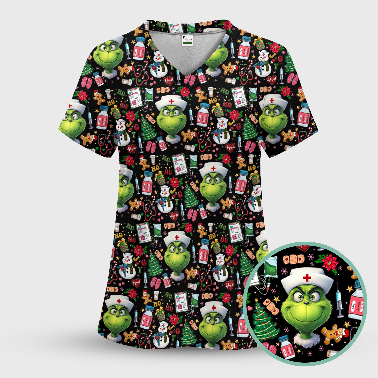 Funny Christmas Scrub Top for Nurses - Grinch Nurse Shirt Holiday Medical Gift - RN LPN CNA Gift