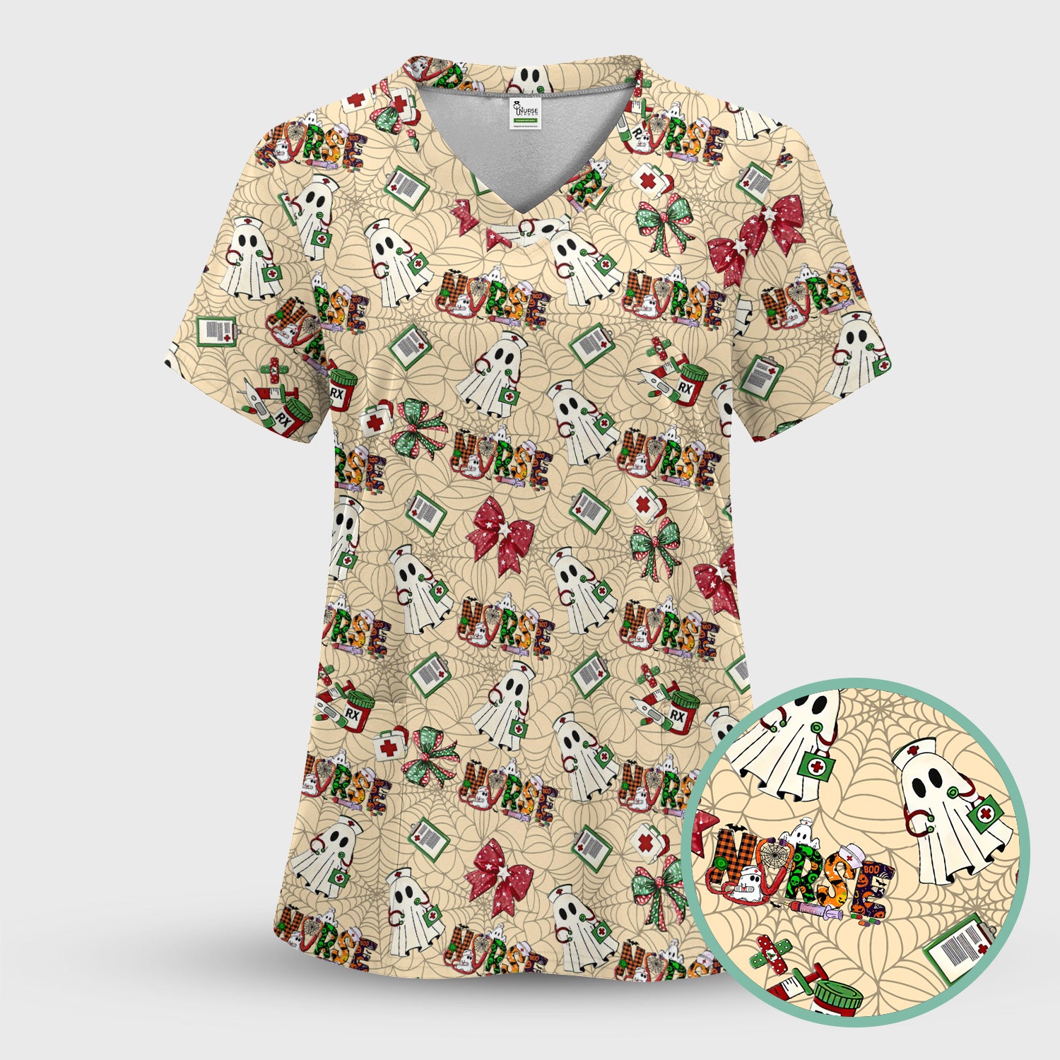 Custom Halloween Scrub Top for Nurses - Funny Ghost and Web Scrub Shirt Multi Color - Cute Spooky Nursing Workwear with Pockets