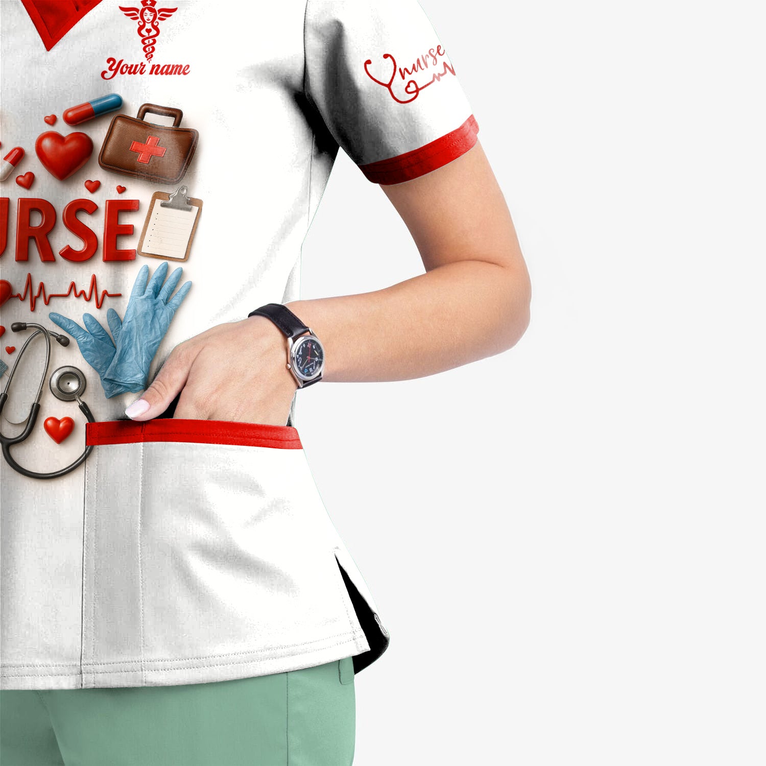 Custom Nurse Scrubs - Medical Tools & Heartbeat Graphic - Personalized Scrubs for RN CNA LPN Healthcare Workers