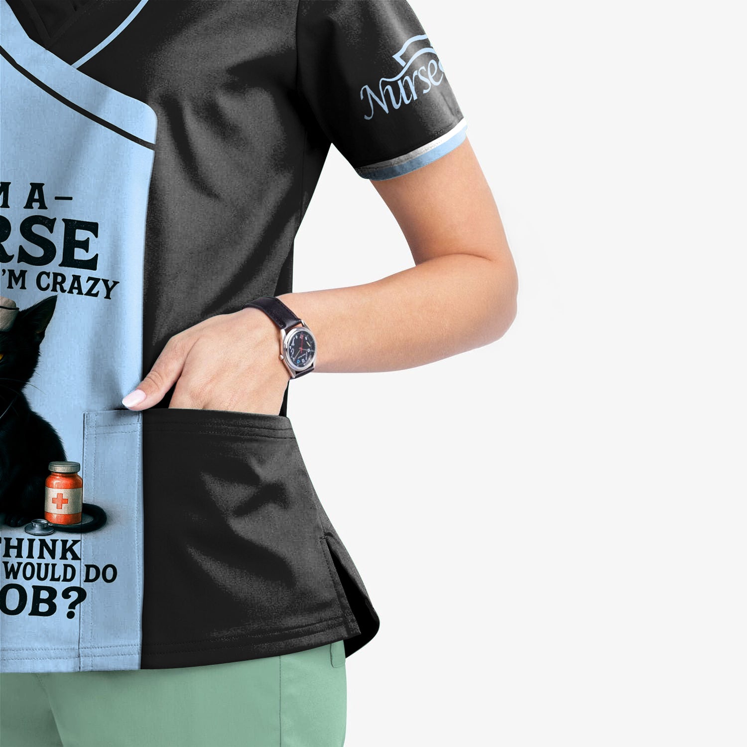 Funny Nurse Scrub Shirt with Black Cat Quote Design - Multiple Color Options Available - Gift for RN CNA LPN Healthcare Workers