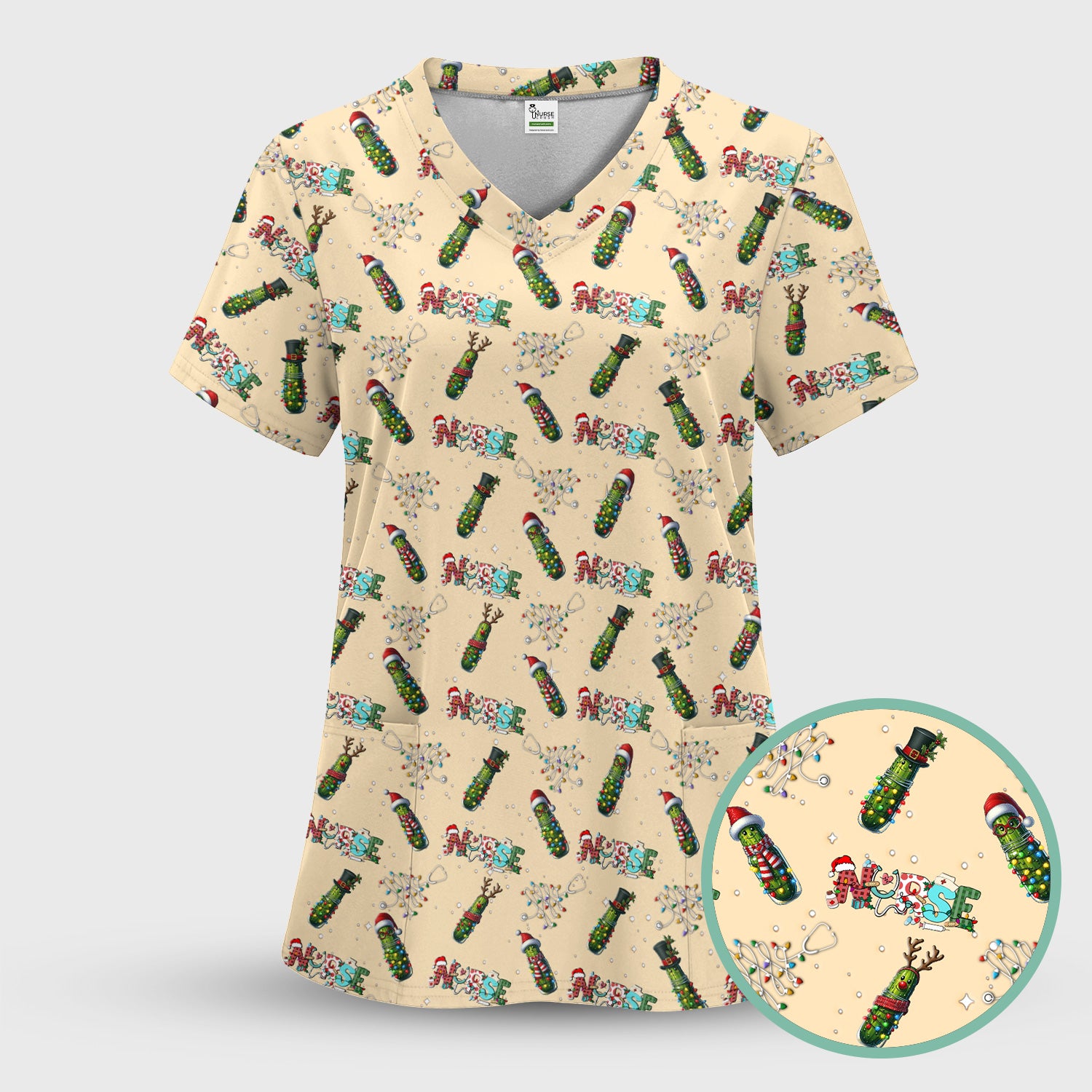Funny Christmas Pickle Scrubs for Women - Festive Holiday Nurse Medical Uniform - Gift for RN CNA LPN LVN EN
