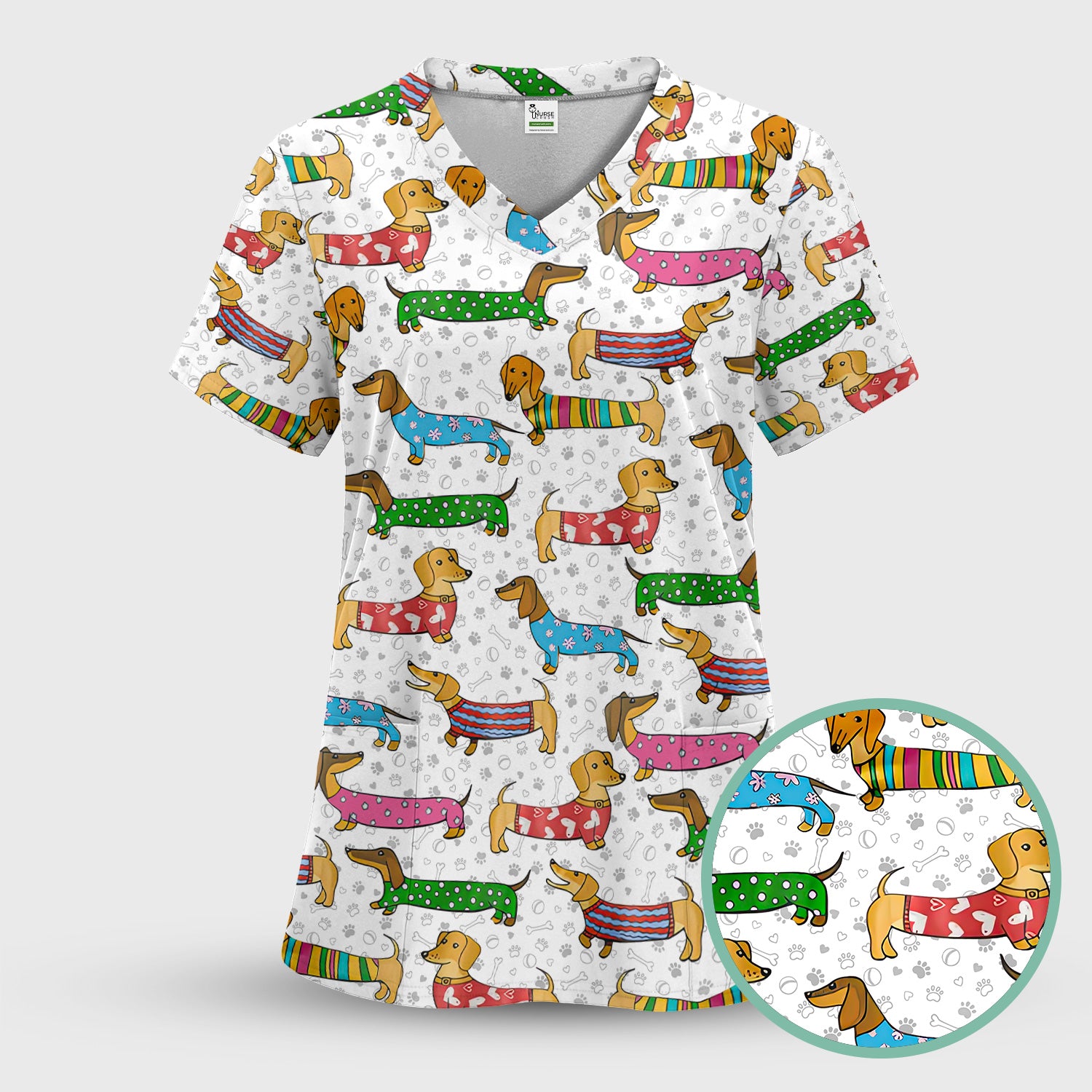 Dachshund Dog Scrub Top - Funny Animal Lover Scrubs For Women - RN LPN CNA Healthcare Workers Gift
