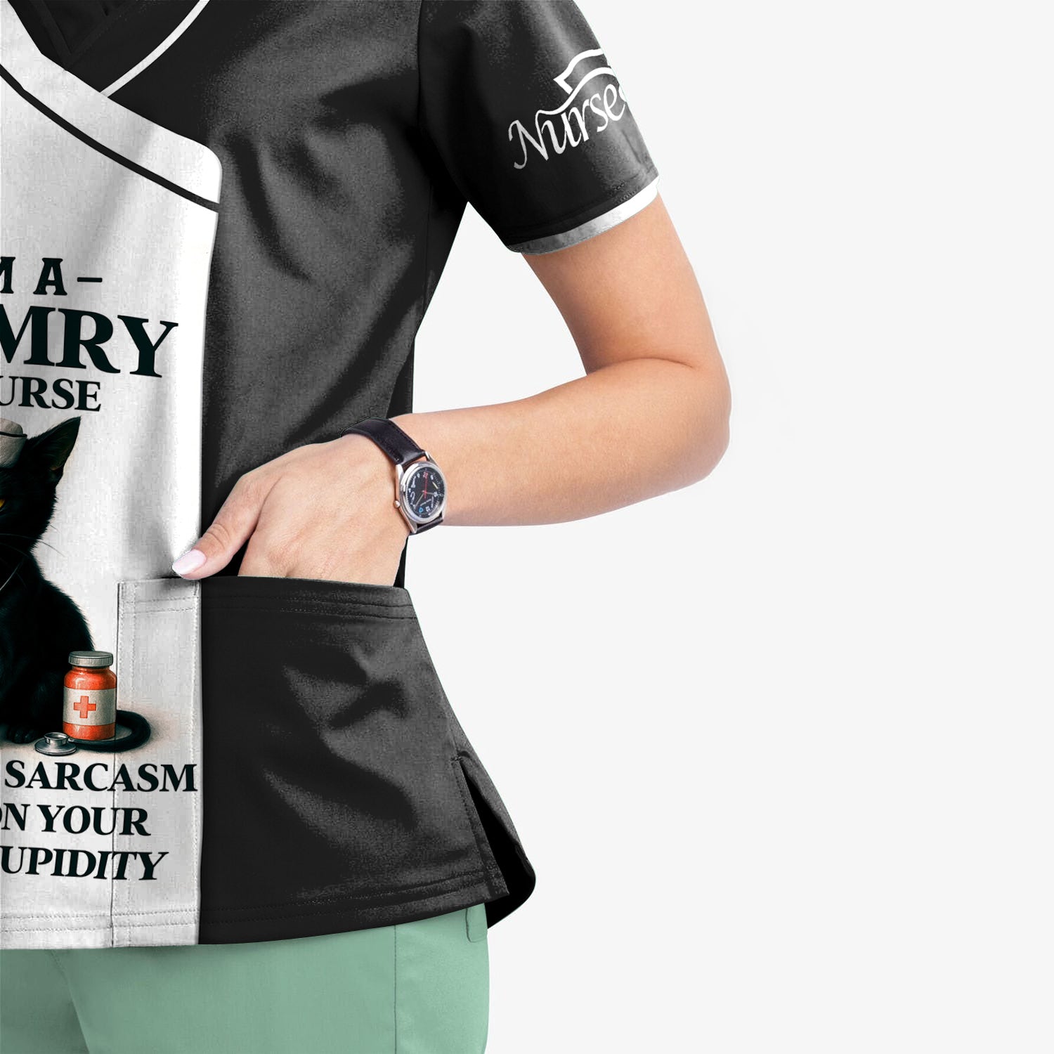 Grumpy Nurse Scrub Top - Sarcastic Black Cat Quote - Funny Gift for RN CNA LPN Healthcare Workers