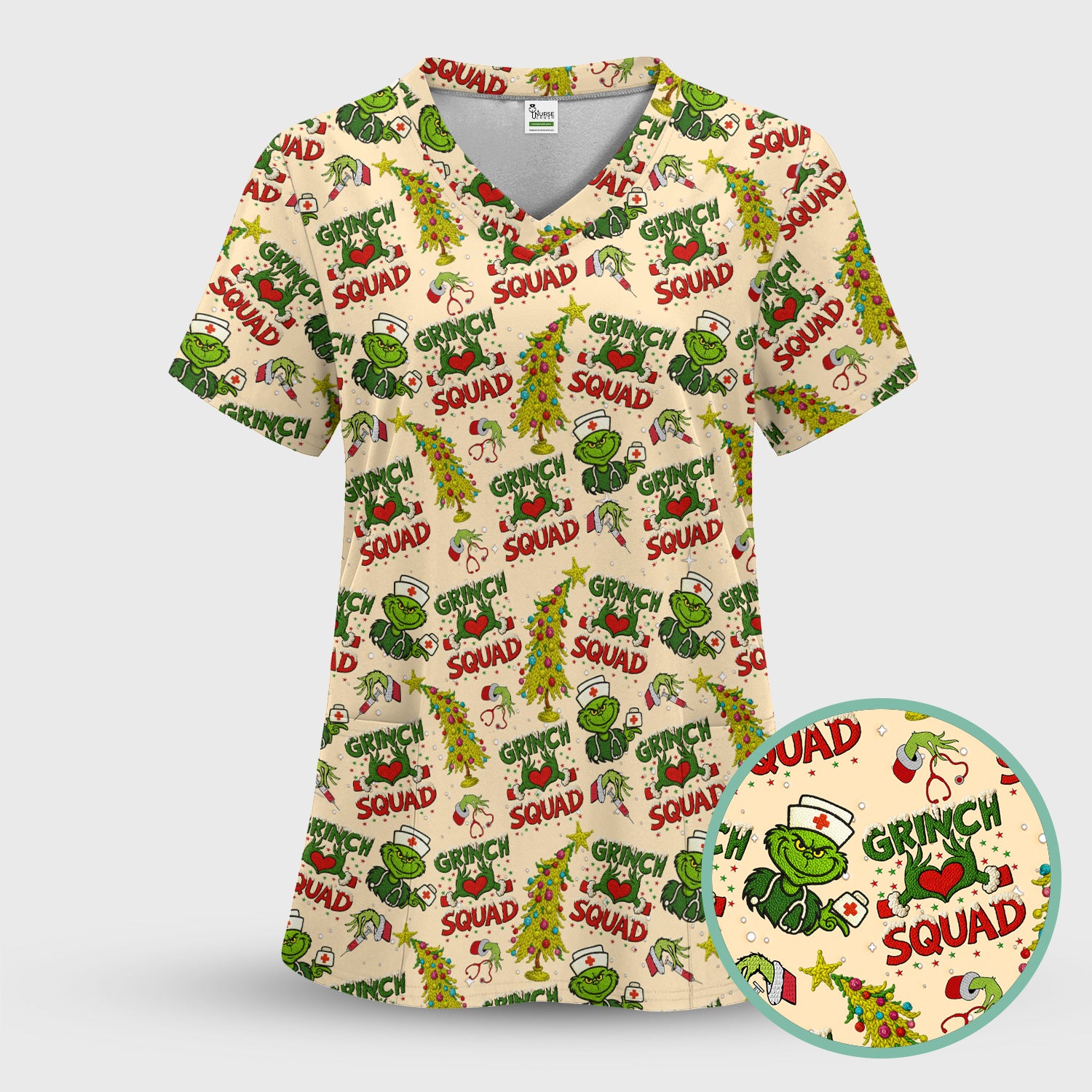 Grinch Squad Christmas Scrub Shirt - Funny Holiday Scrub Top for Nurses - Multi Color Nursing Work Shirt with Pockets