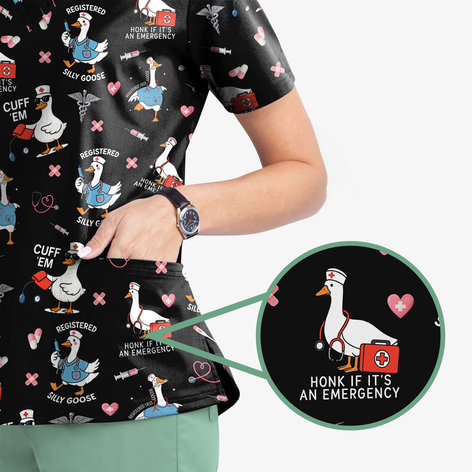 Funny Goose Nurse Scrub Top for Women - Medical Uniform Shirt with Stethoscope & Heart Print - Fun Gift for RN CNA LPN
