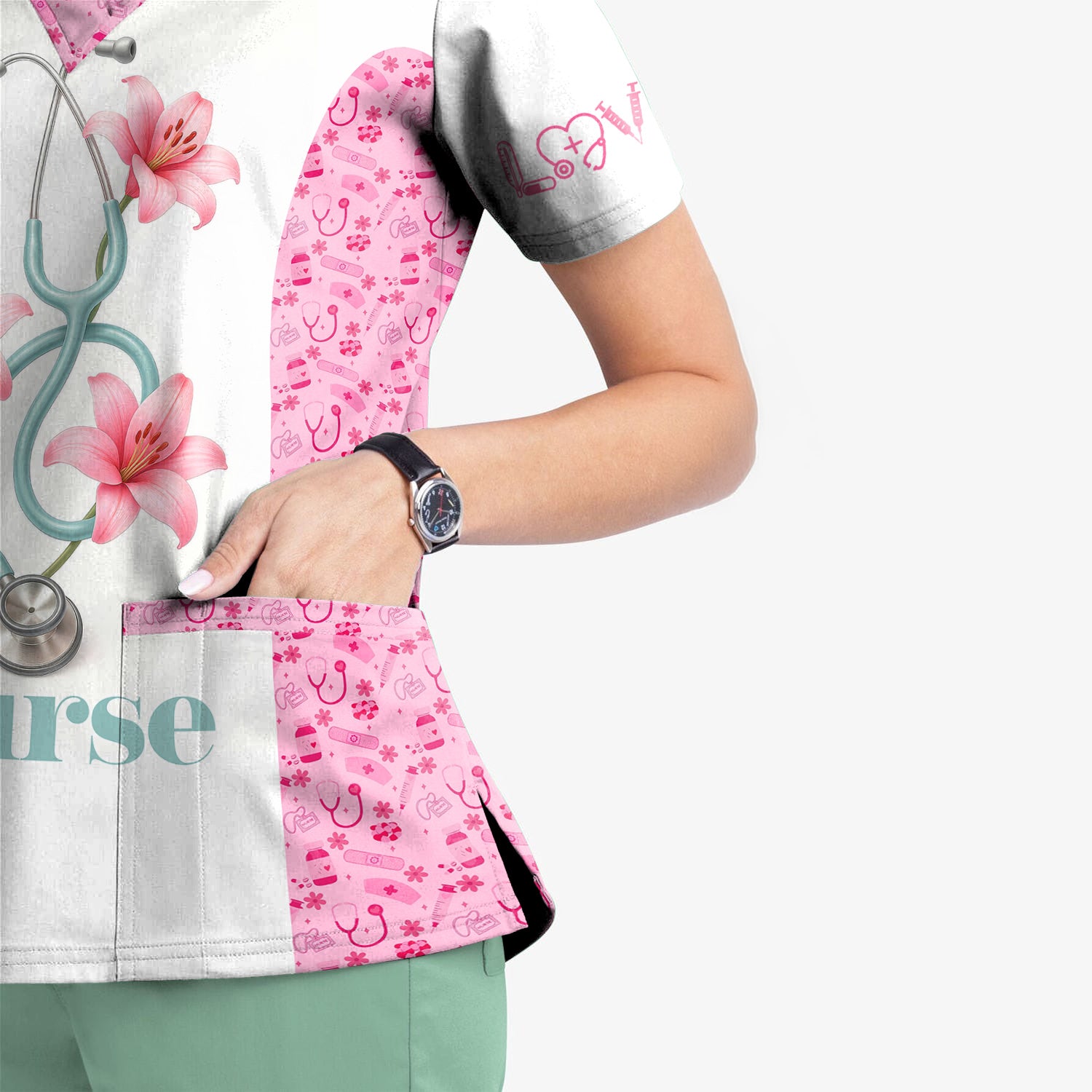 Personalized Nurse Scrubs - Pink Floral Stethoscope Design with Name Customization - Gift for RN, CNA, LPN