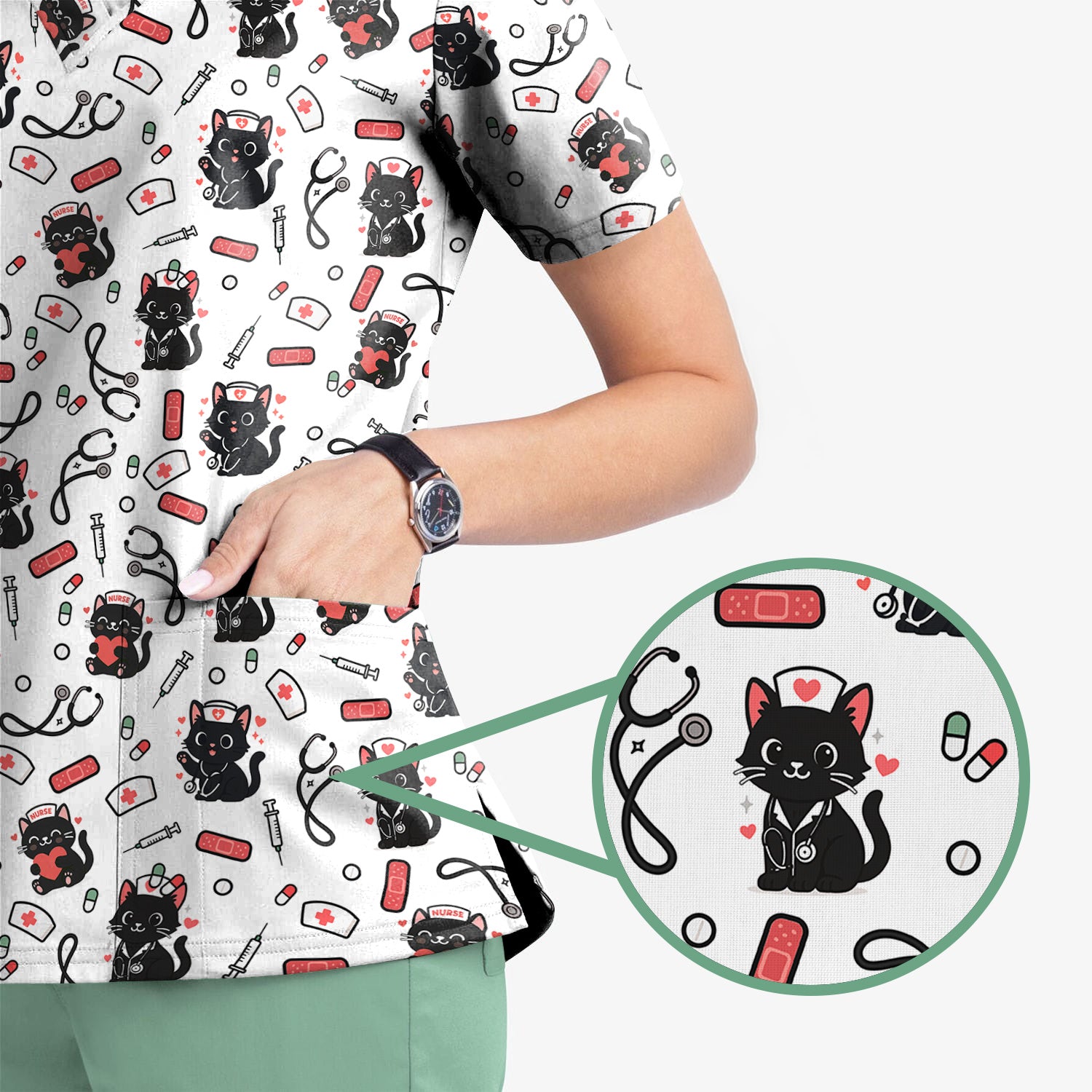 Cute Black Cat Nurse Scrub Top for Women - Medical Uniform Shirt with Stethoscope & Pill Print - Gift for CNA, LPN, Medical Worker