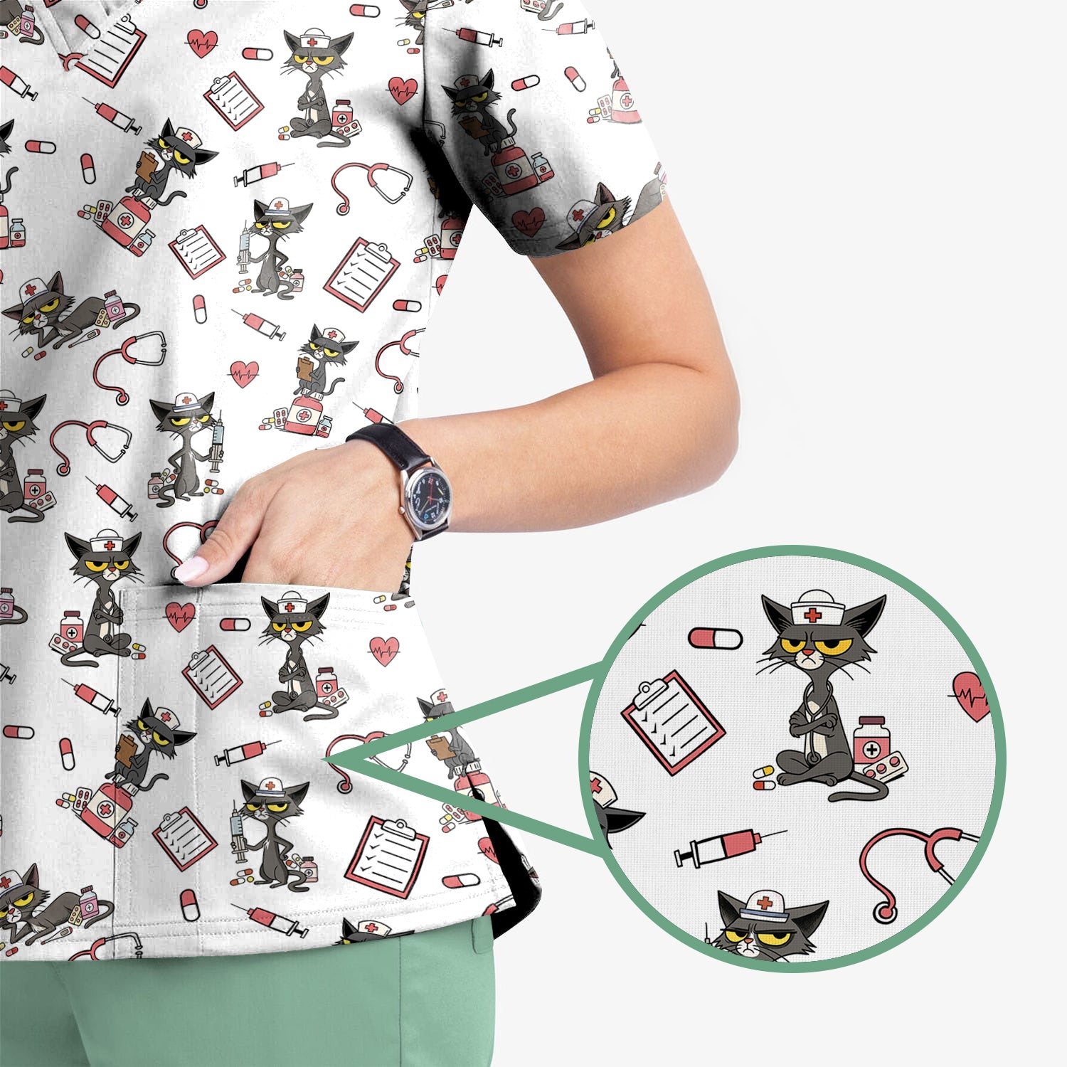Personalized Funny Nurse Cat Scrub Top for Women - Cute Medical Uniform for RN CNA Vet Tech - Gift for Medical Staff, Healthcare Worker