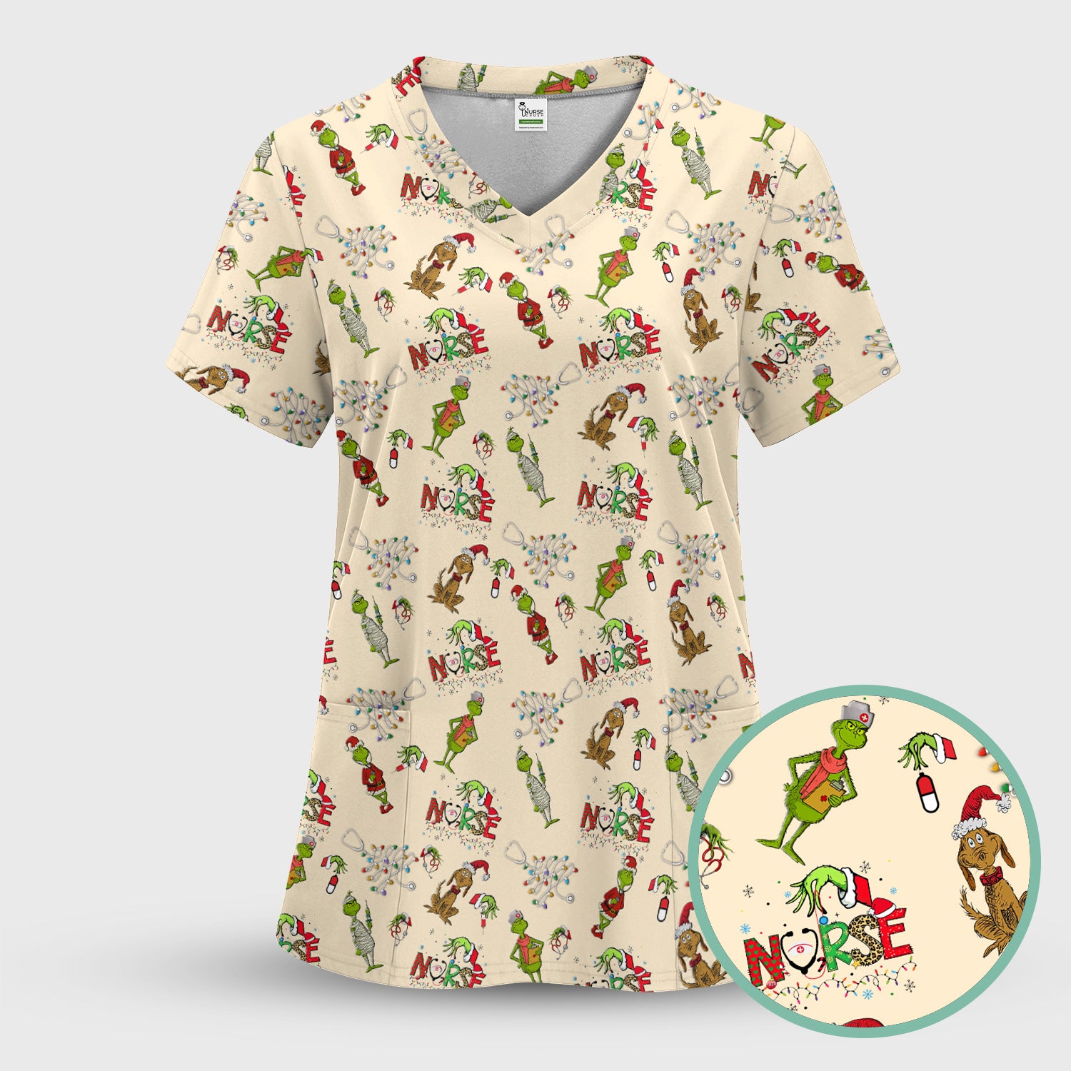 Christmas Nurse Scrub Top for Women - Funny Grinch Nursing Scrub Shirt Multi Color - Cute Holiday Medical Work Shirt with Pockets