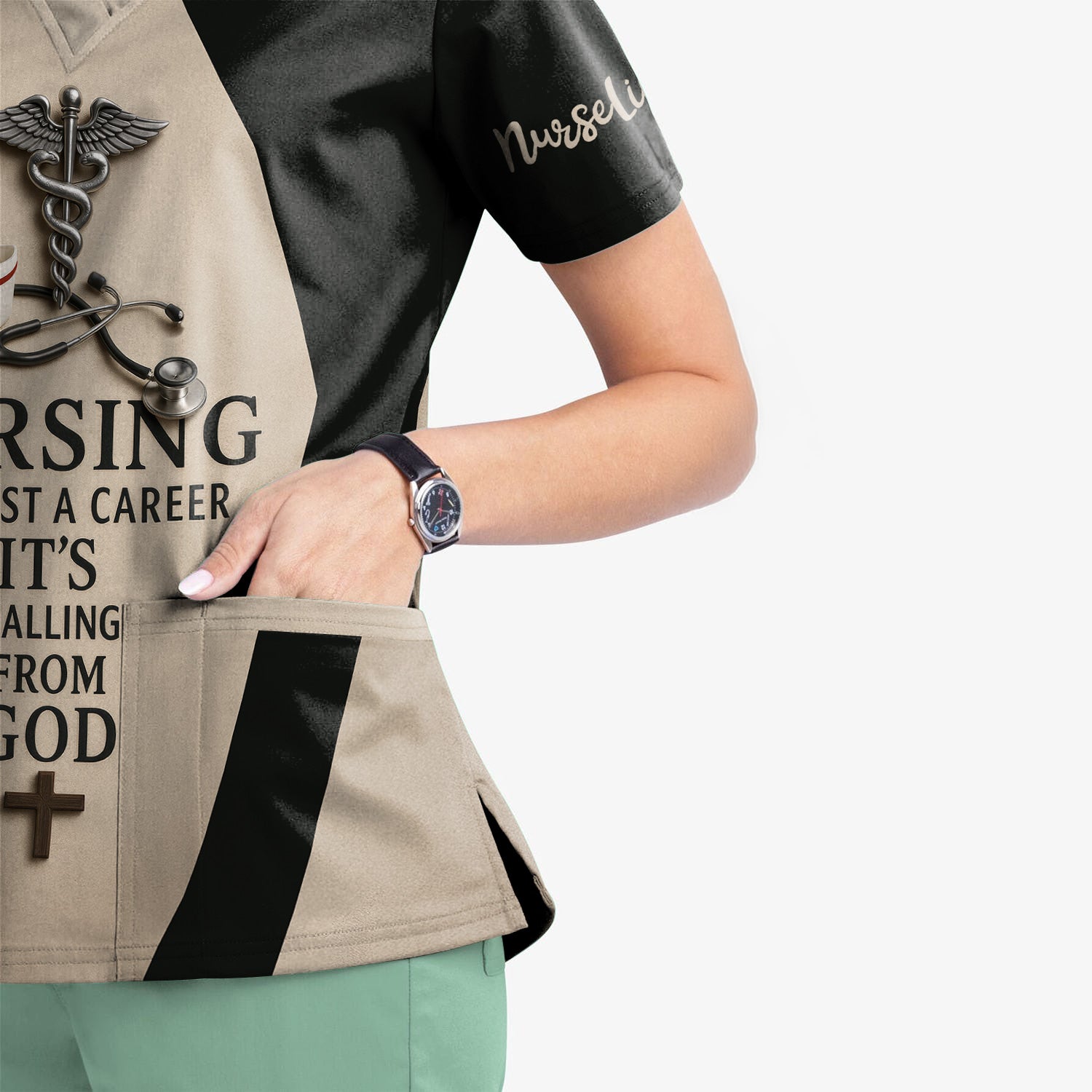 Personalized Nurse Scrubs - Stethoscope & Cross Design - Nursing Is A Calling Shirt for RN CNA LPN Healthcare Workers