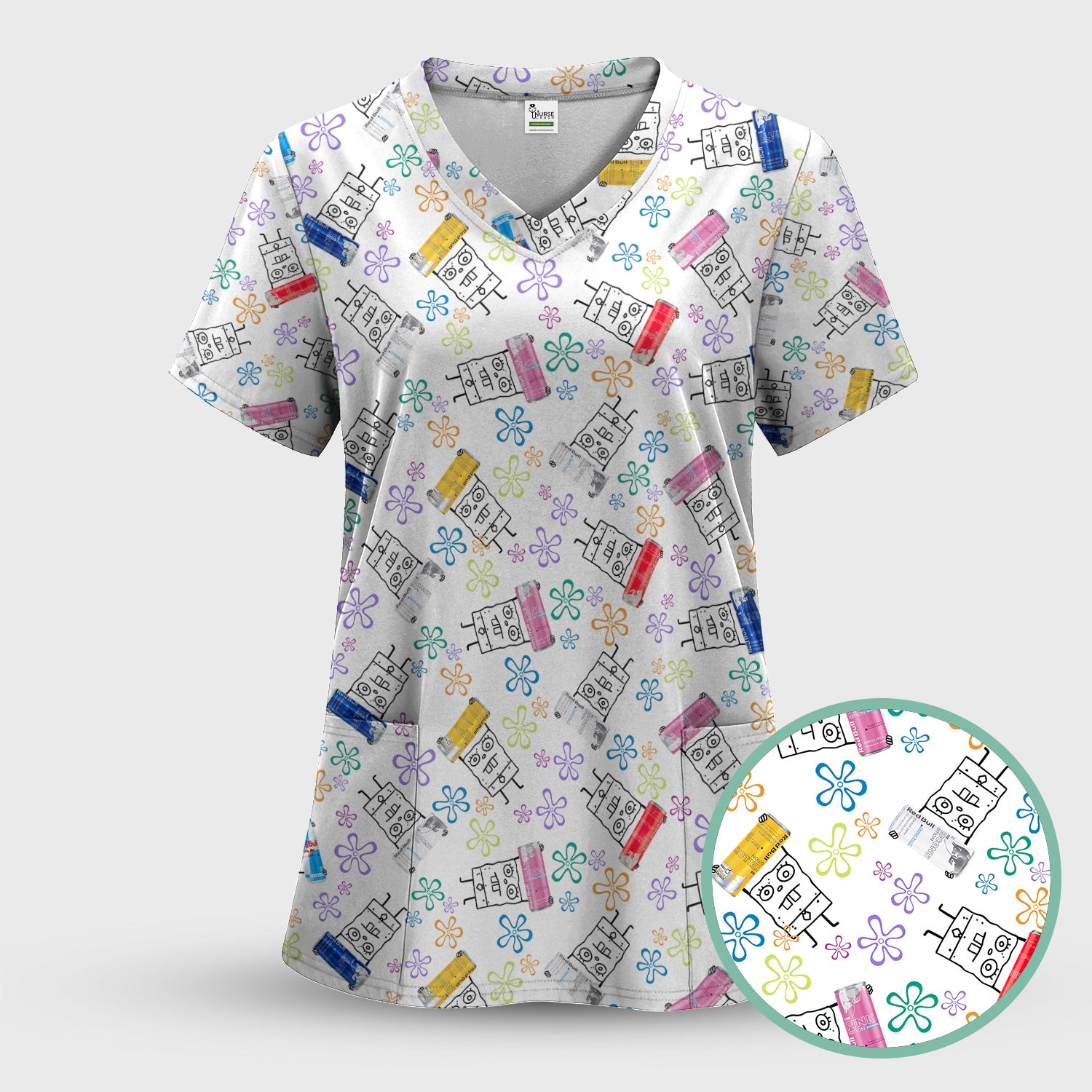 Doodle Bob Energy Drink Nurse T-Shirt - Funny Cartoon Medical Graphic Tee - Gift for RN MD CNA Healthcare