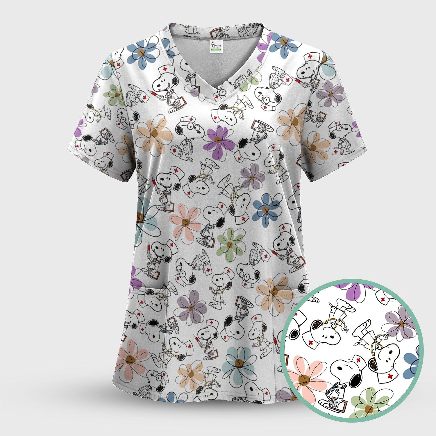 Funny Dog Doctor Scrub Top – Cute Cartoon Puppy & Flower Graphic - Gift for RN LPN CNA Healthcare Workers