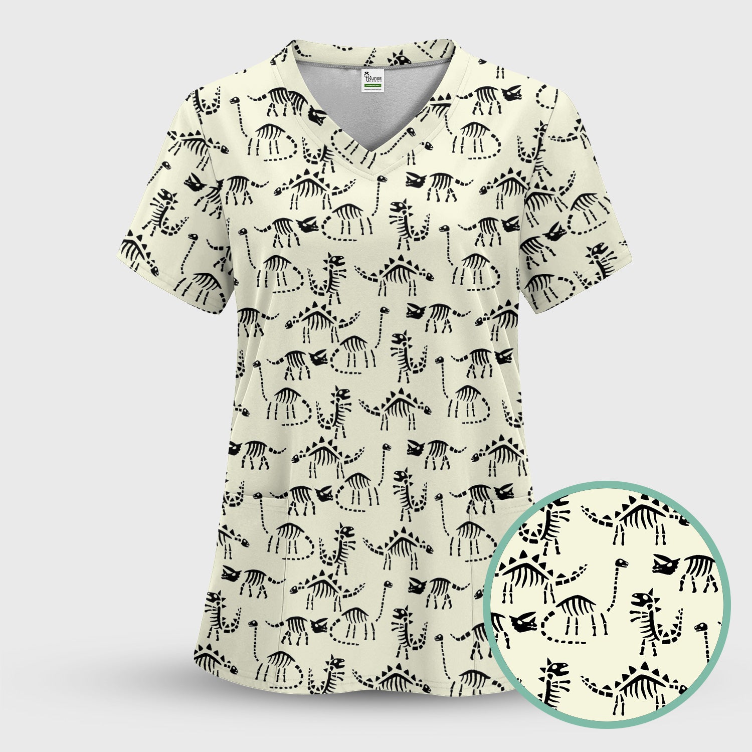 Funny Dinosaur Skeleton Scrub Top - Cute Dino Fossil Pattern Graphic Design - RN LPN CNA Healthcare Workers Gift