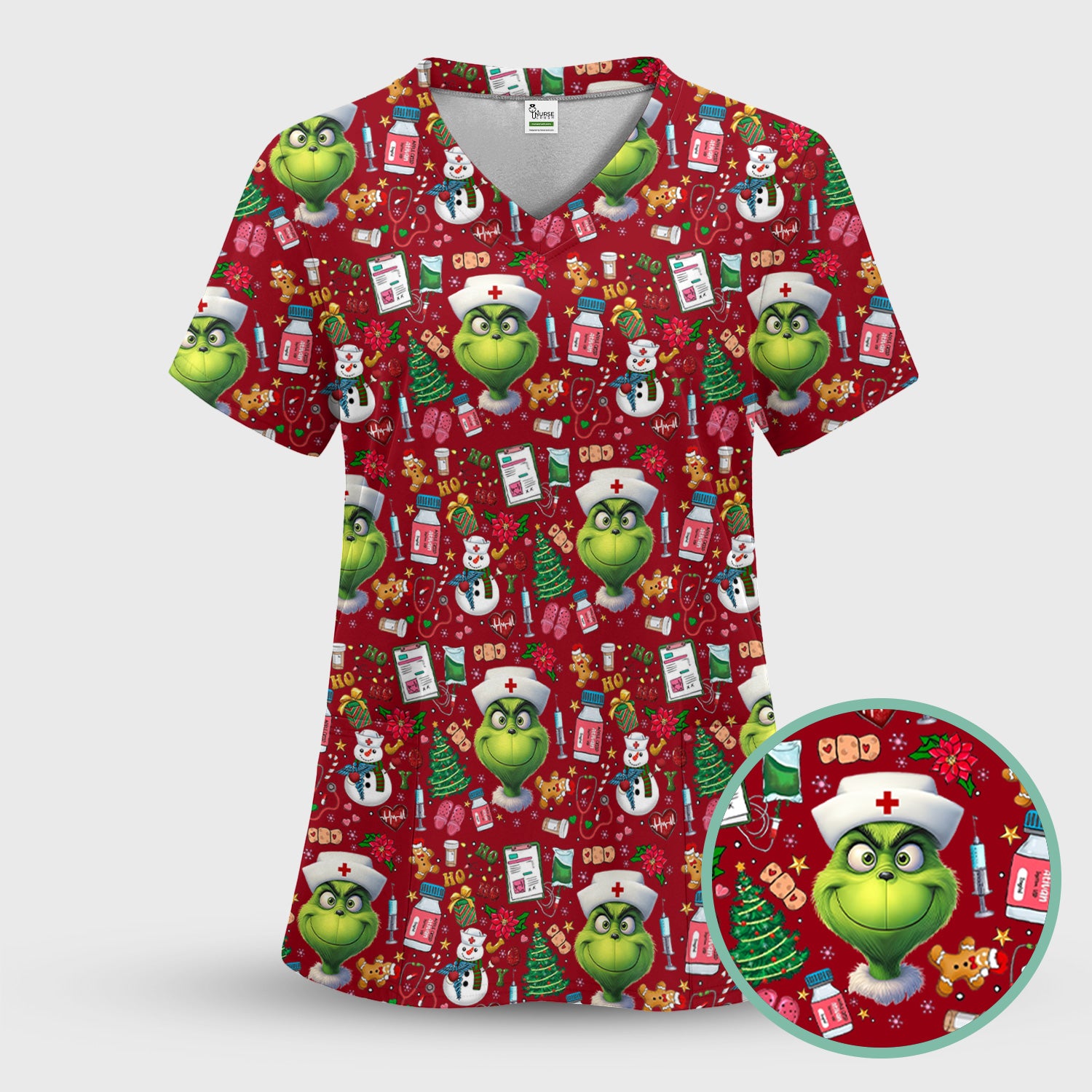 Funny Christmas Scrub Top for Nurses - Grinch Nurse Shirt Holiday Medical Gift - RN LPN CNA Gift