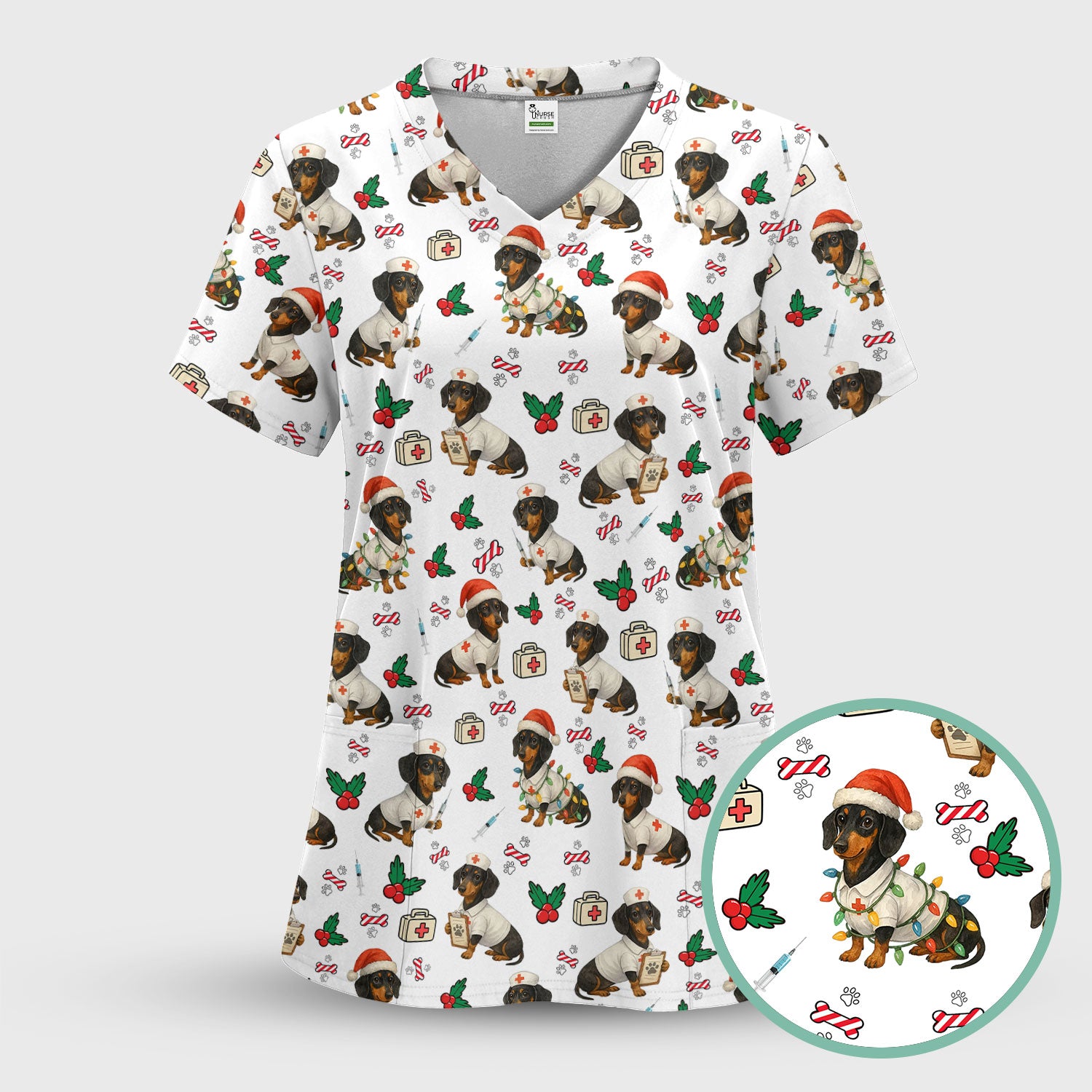 Christmas Dachshund Nurse Scrub Top - Funny Dachshund Dog Scrub Shirt Multi Color - Cute Holiday Nursing Work Shirt for Women