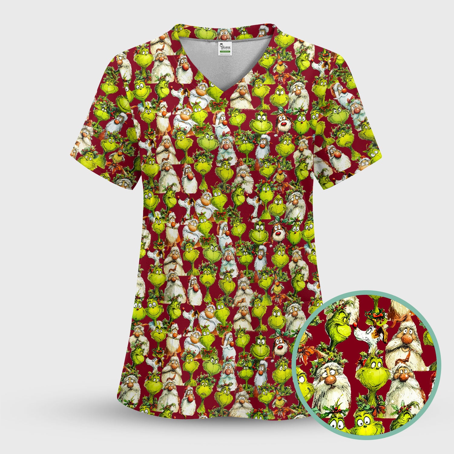 Grinch Nurse Scrub Shirt Multi Colors - Funny Cartoon Character Scrub Top - Christmas Holiday Nursing Workwear with Pockets