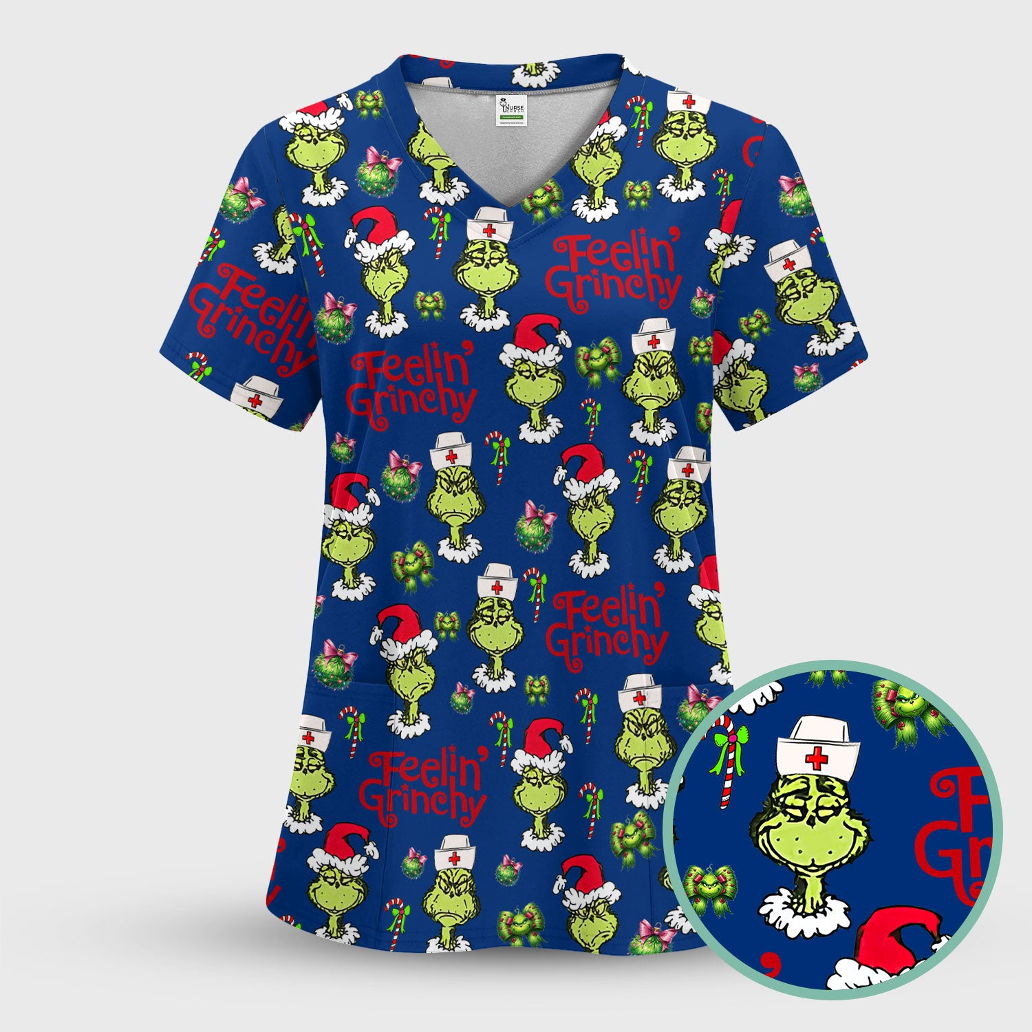 Grinch Nurse Christmas Scrub - Feelin‰۪ Grinchy Top - Funny Holiday Medical Uniform Gift for RN CNA LPN