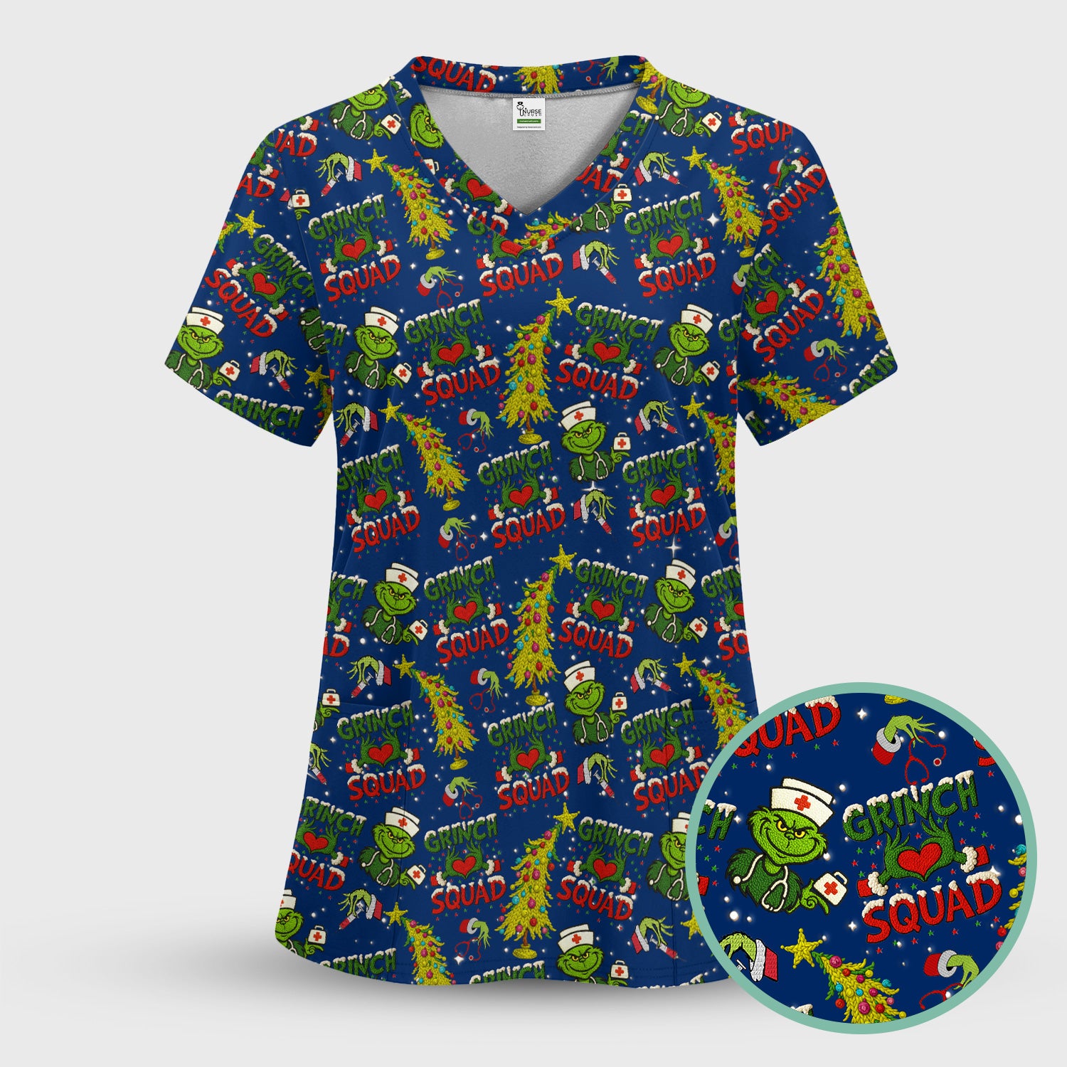 Grinch Squad Christmas Scrub Shirt - Funny Holiday Scrub Top for Nurses - Multi Color Nursing Work Shirt with Pockets
