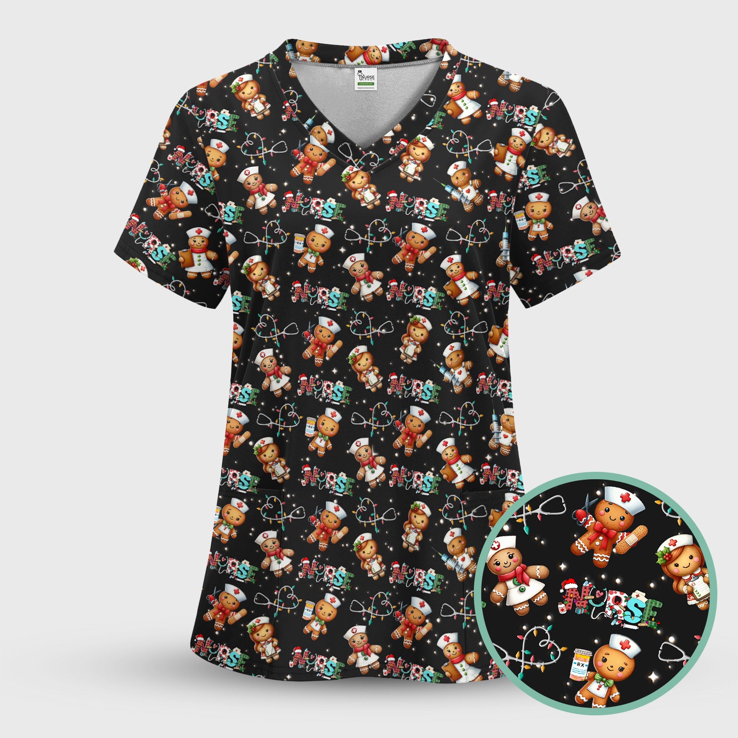 Gingerbread Cookie Christmas Scrub Top - Funny Holiday Nurse Shirt - Cute Medical Uniform for RN CNA LPN LVN EN