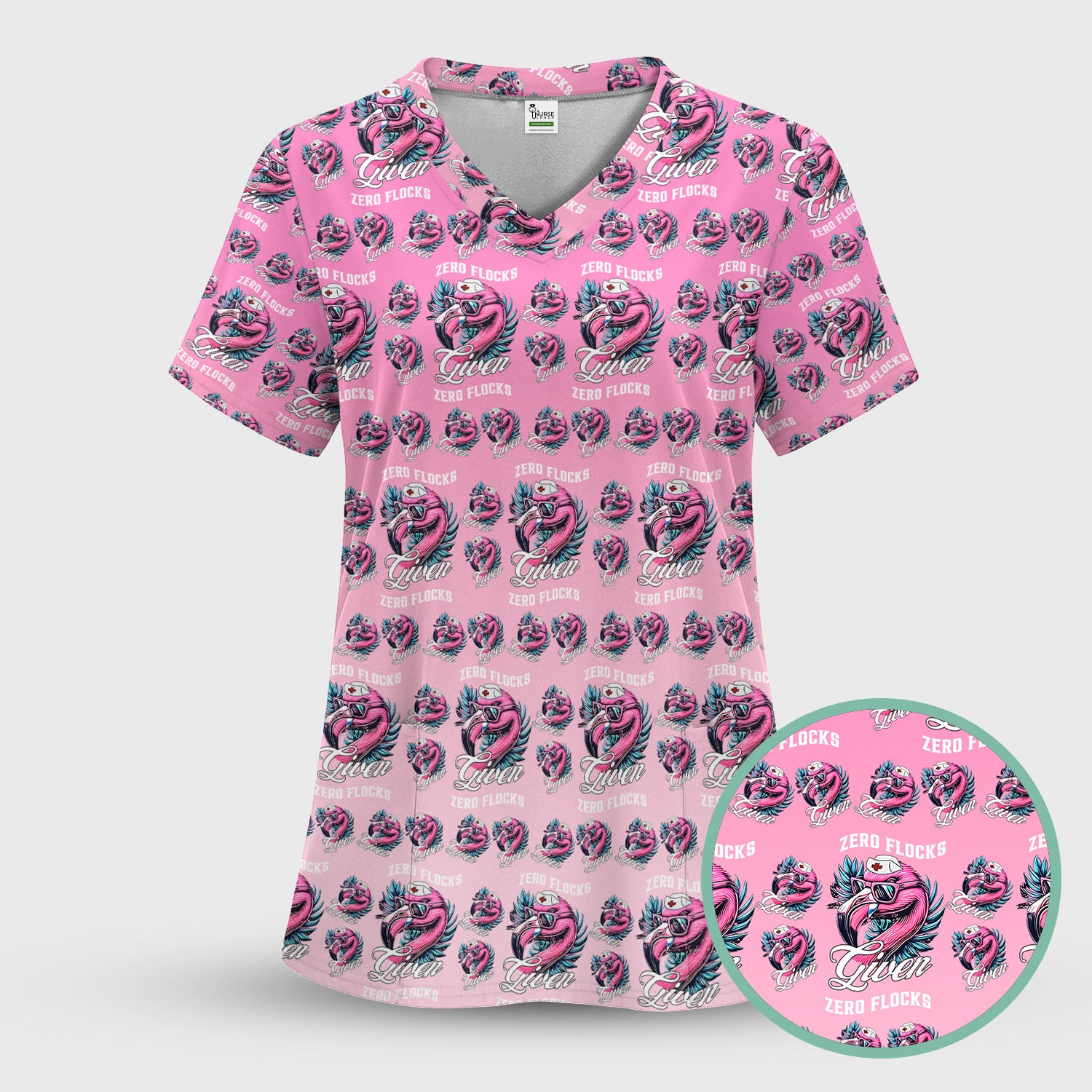 Funny Flamingo Scrub Top - Zero Flocks Given Pink Nurse Shirt - RN LPN CNA Healthcare Workers Gift
