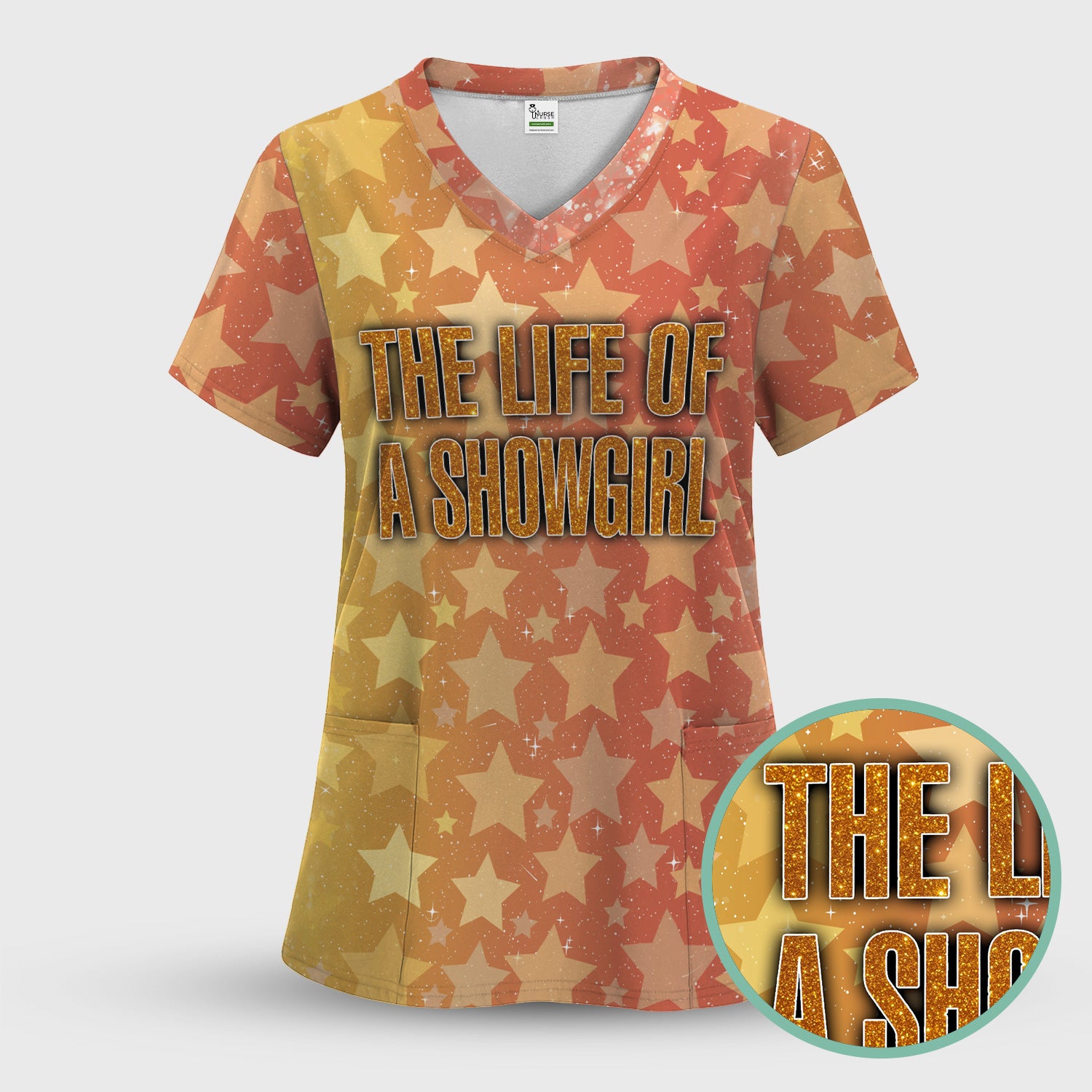 Custom Women's Showgirl Tee - All-Over Print Sparkly Star TS12 Orange Shirt  - Gift for RN LPN CNA