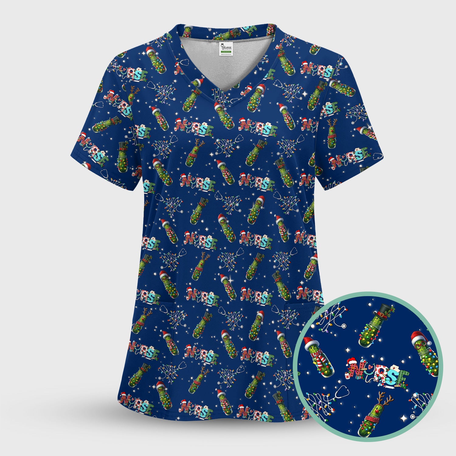 Christmas Pickle Scrub Top - Funny Holiday Medical Uniform - Gift for Nurse RN CNA LPN LVN EN