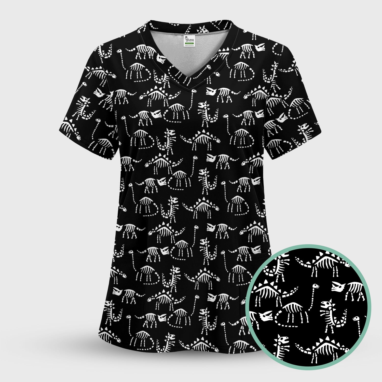 Funny Dinosaur Skeleton Scrub Top - Cute Dino Fossil Pattern Graphic Design - RN LPN CNA Healthcare Workers Gift