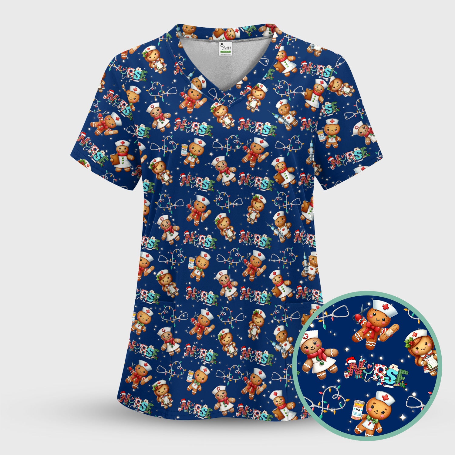 Christmas Gingerbread Nurse Scrub Top - Cute Holiday Medical Uniform for Women - Gift for RN CNA LPN LVN EN