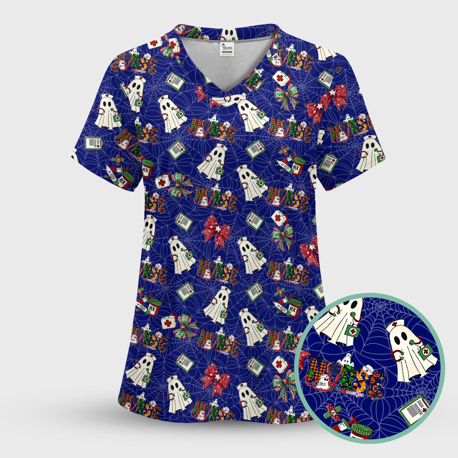 Custom Halloween Scrub Top for Nurses - Funny Ghost and Web Scrub Shirt Multi Color - Cute Spooky Nursing Workwear with Pockets