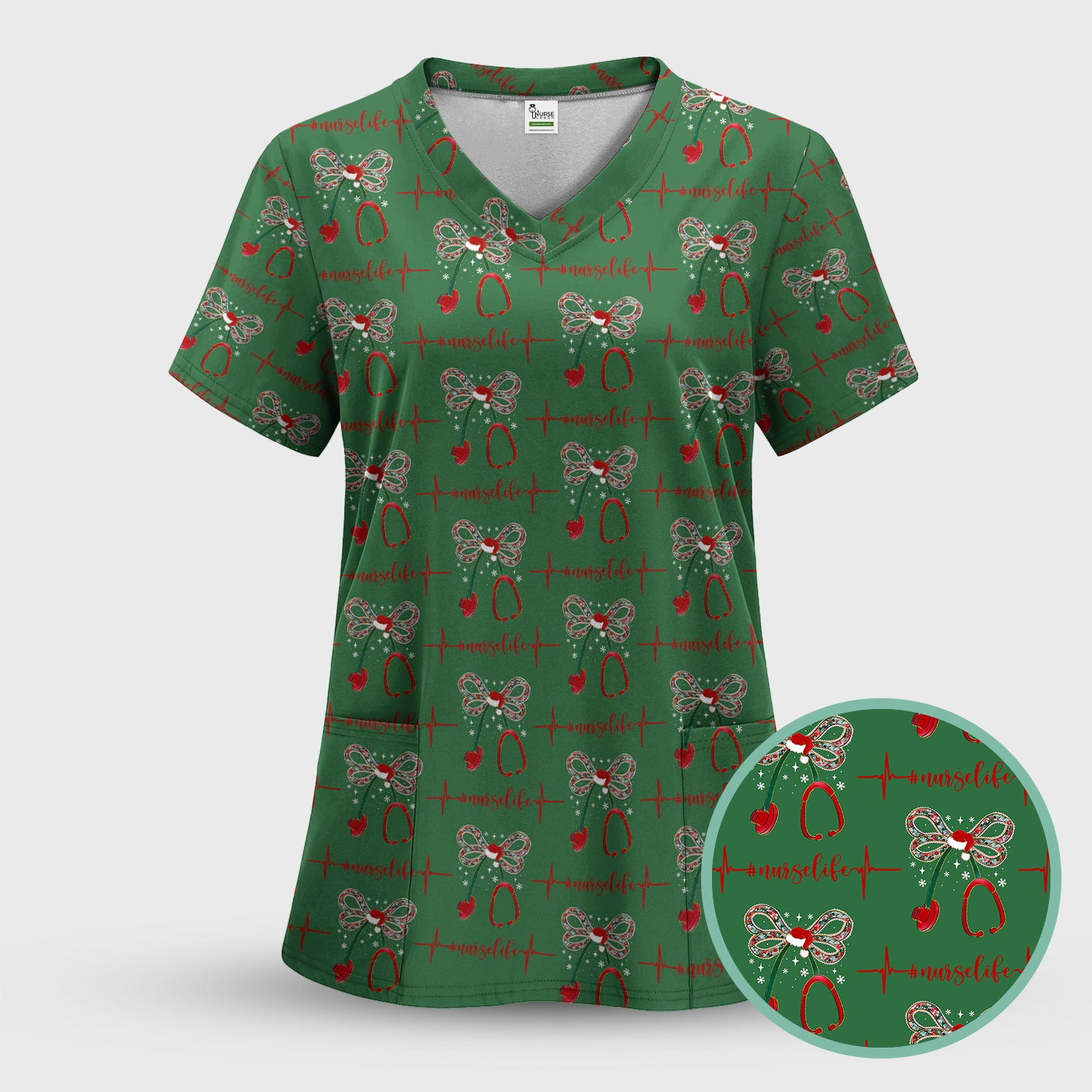 Personalized Funny Nurse Christmas Scrub Top - Stethoscope with Holiday Bow & Heartbeat Pattern - Gift for RN LPN CNA Healthcare Staff