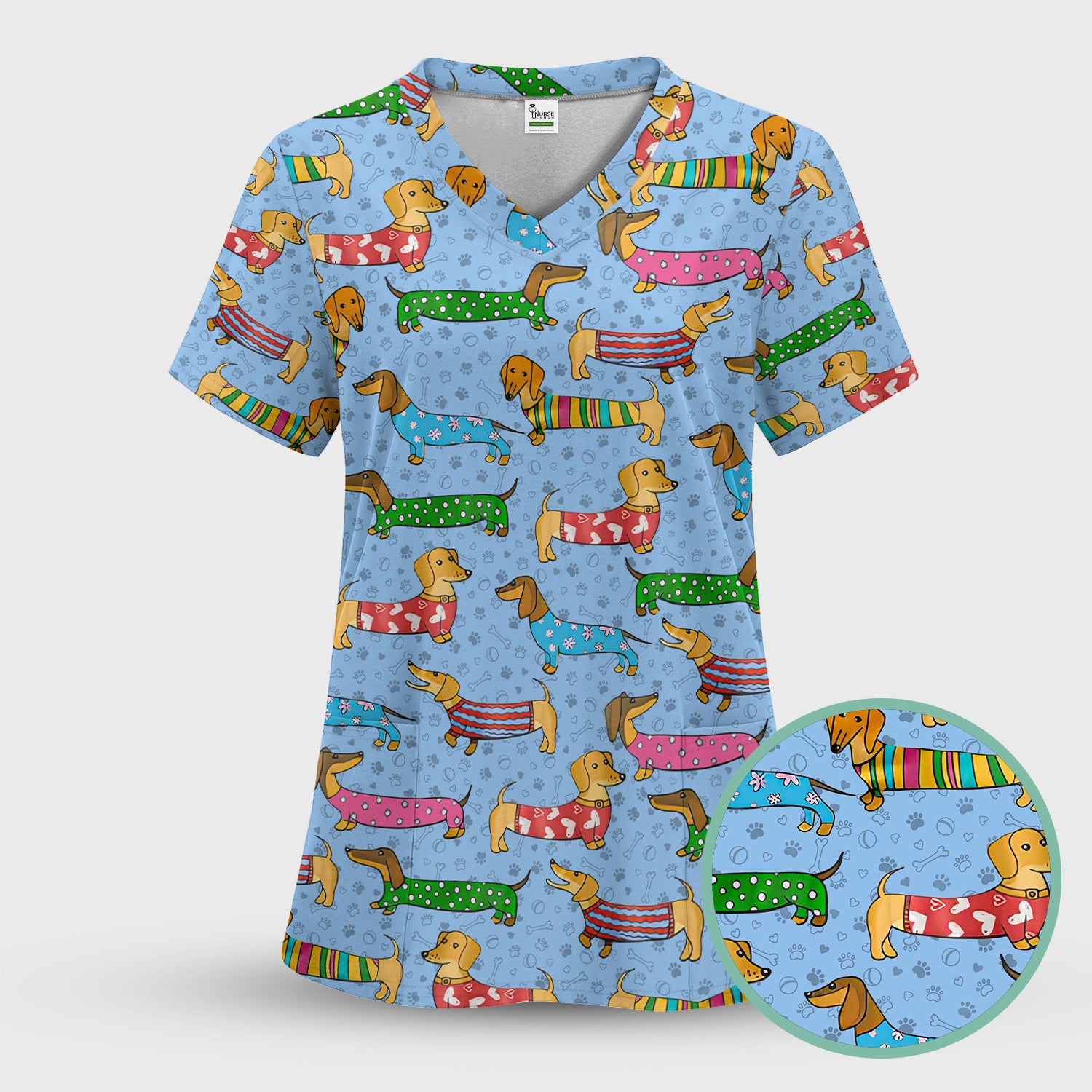 Dachshund Dog Scrub Top - Funny Animal Lover Scrubs For Women - RN LPN CNA Healthcare Workers Gift