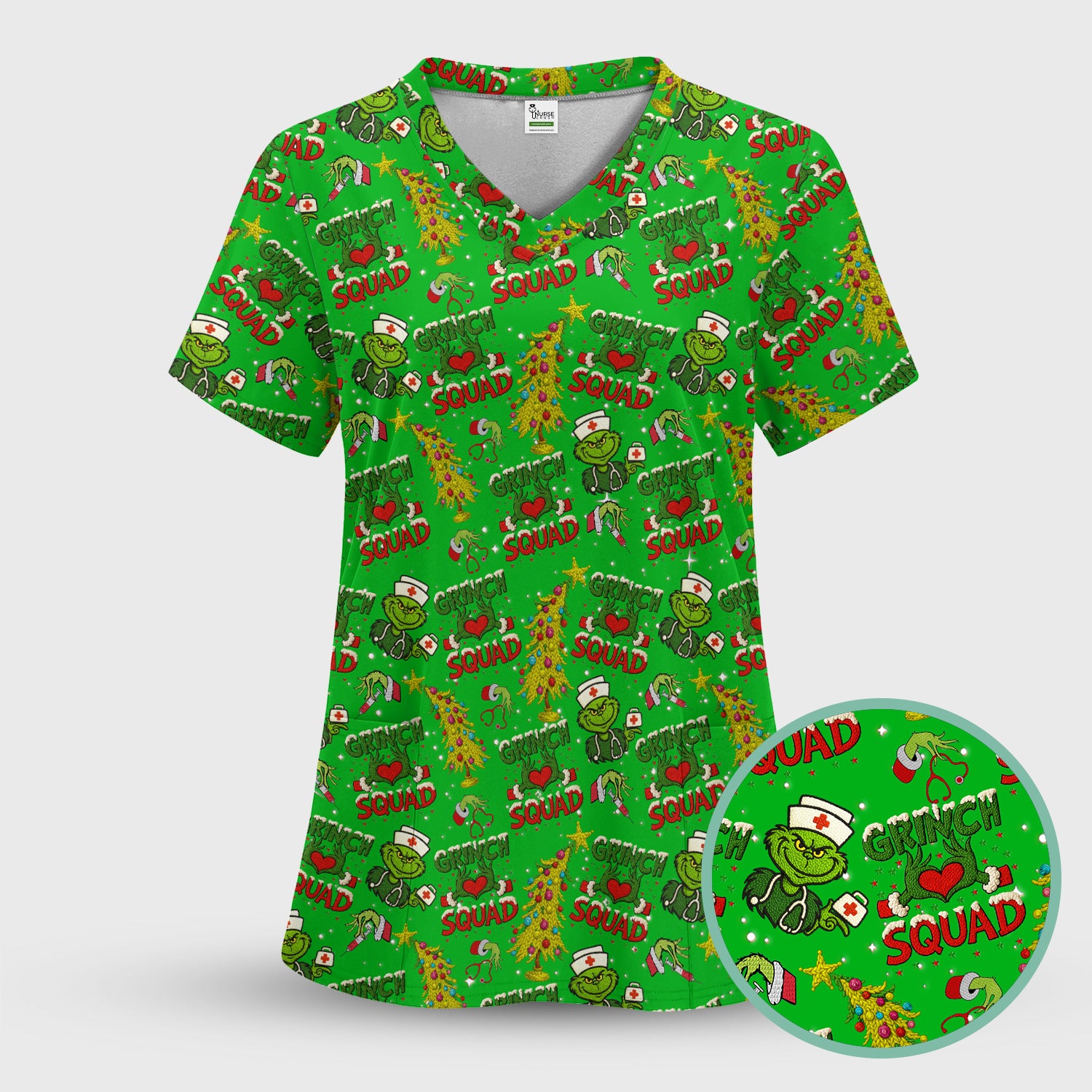 Grinch Squad Christmas Scrub Shirt - Funny Holiday Scrub Top for Nurses - Multi Color Nursing Work Shirt with Pockets