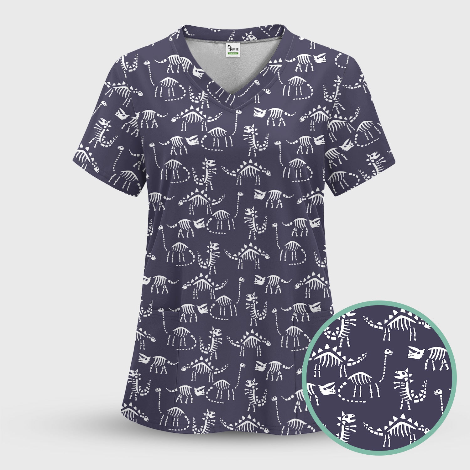 Funny Dinosaur Skeleton Scrub Top - Cute Dino Fossil Pattern Graphic Design - RN LPN CNA Healthcare Workers Gift