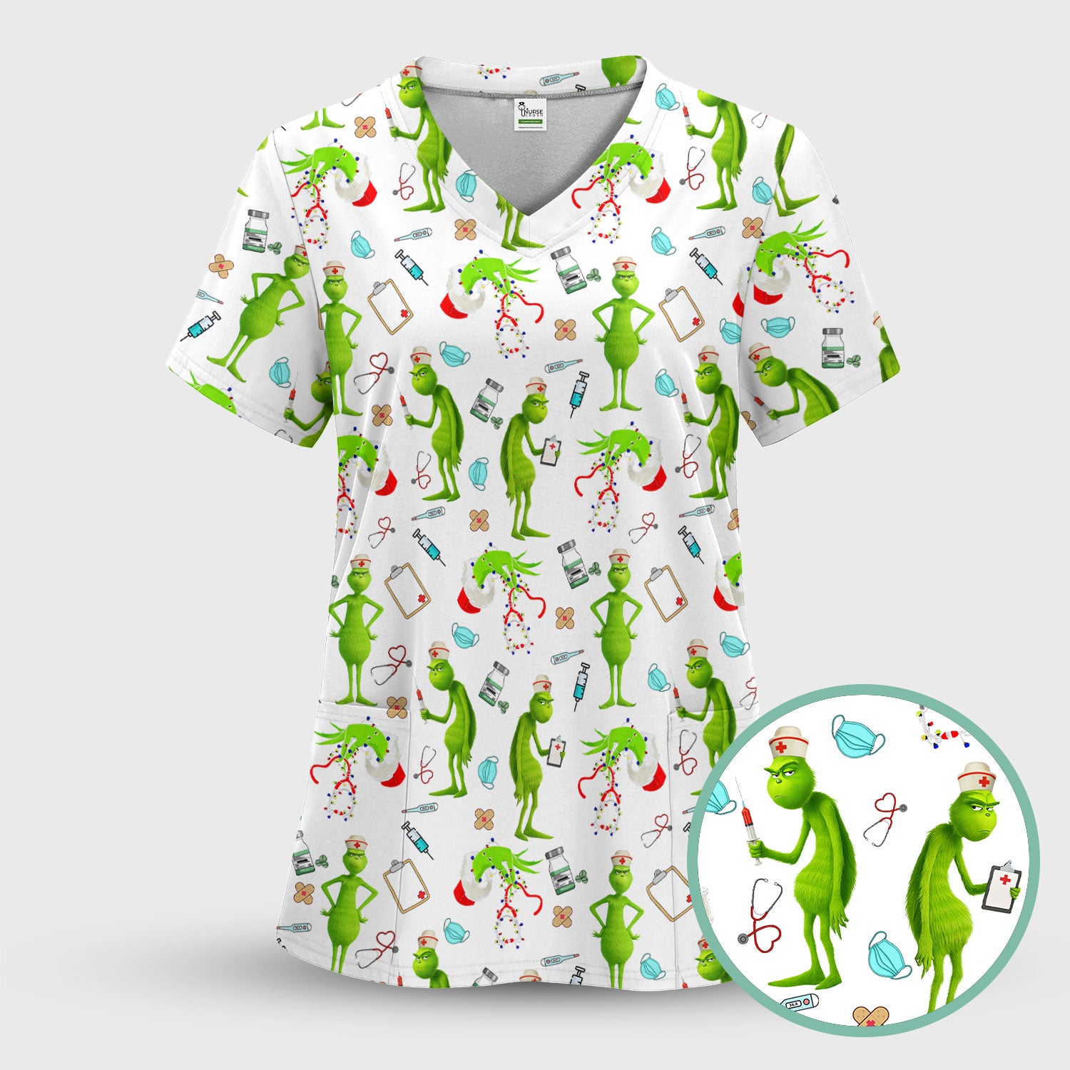Custom Grinch Nurse Scrub Top - Funny Christmas Scrub Shirt Multi Color - Cute Holiday Nursing Workwear with Pockets