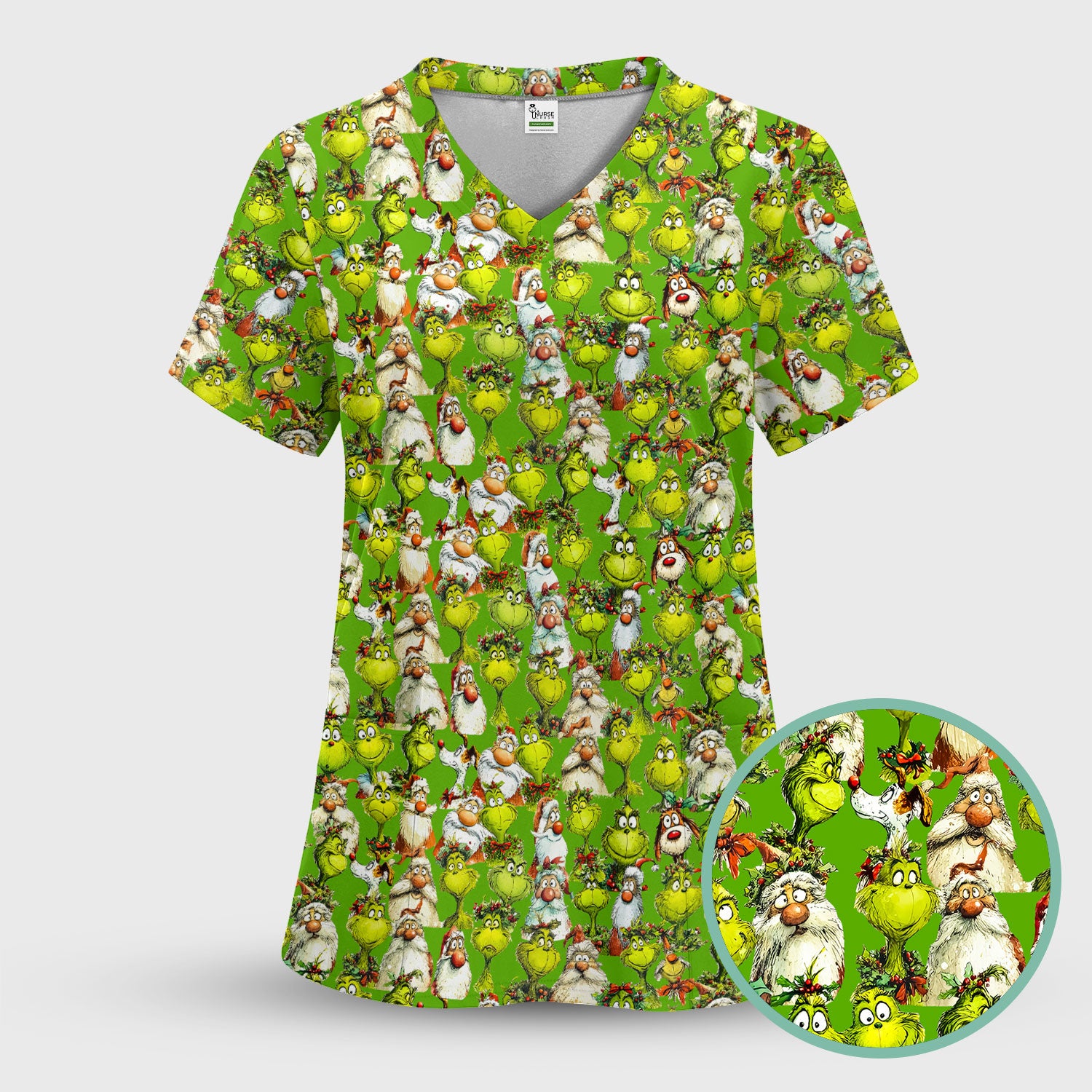 Grinch Nurse Scrub Shirt Multi Colors - Funny Cartoon Character Scrub Top - Christmas Holiday Nursing Workwear with Pockets
