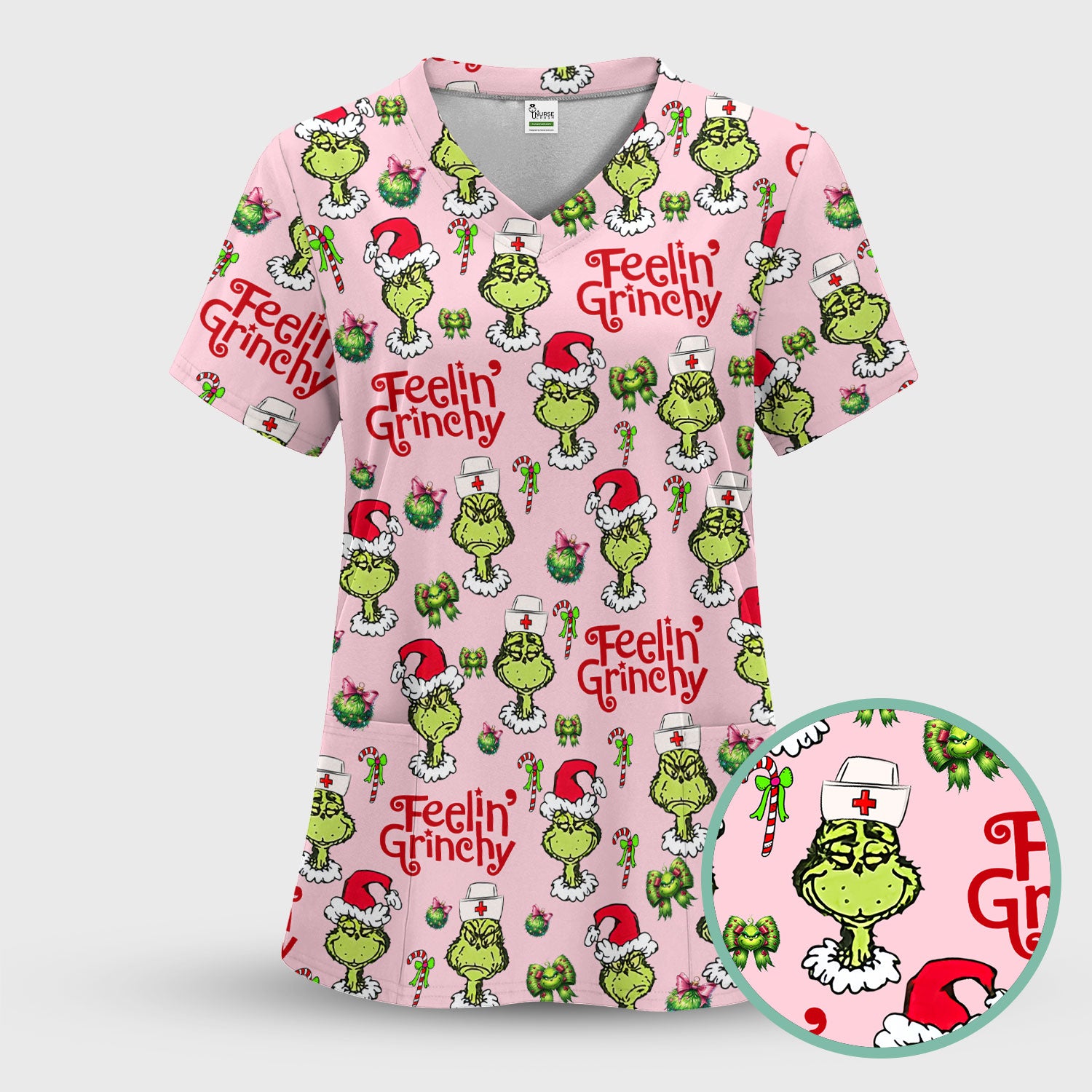 Grinch Nurse Christmas Scrub - Feelin‰۪ Grinchy Top - Funny Holiday Medical Uniform Gift for RN CNA LPN